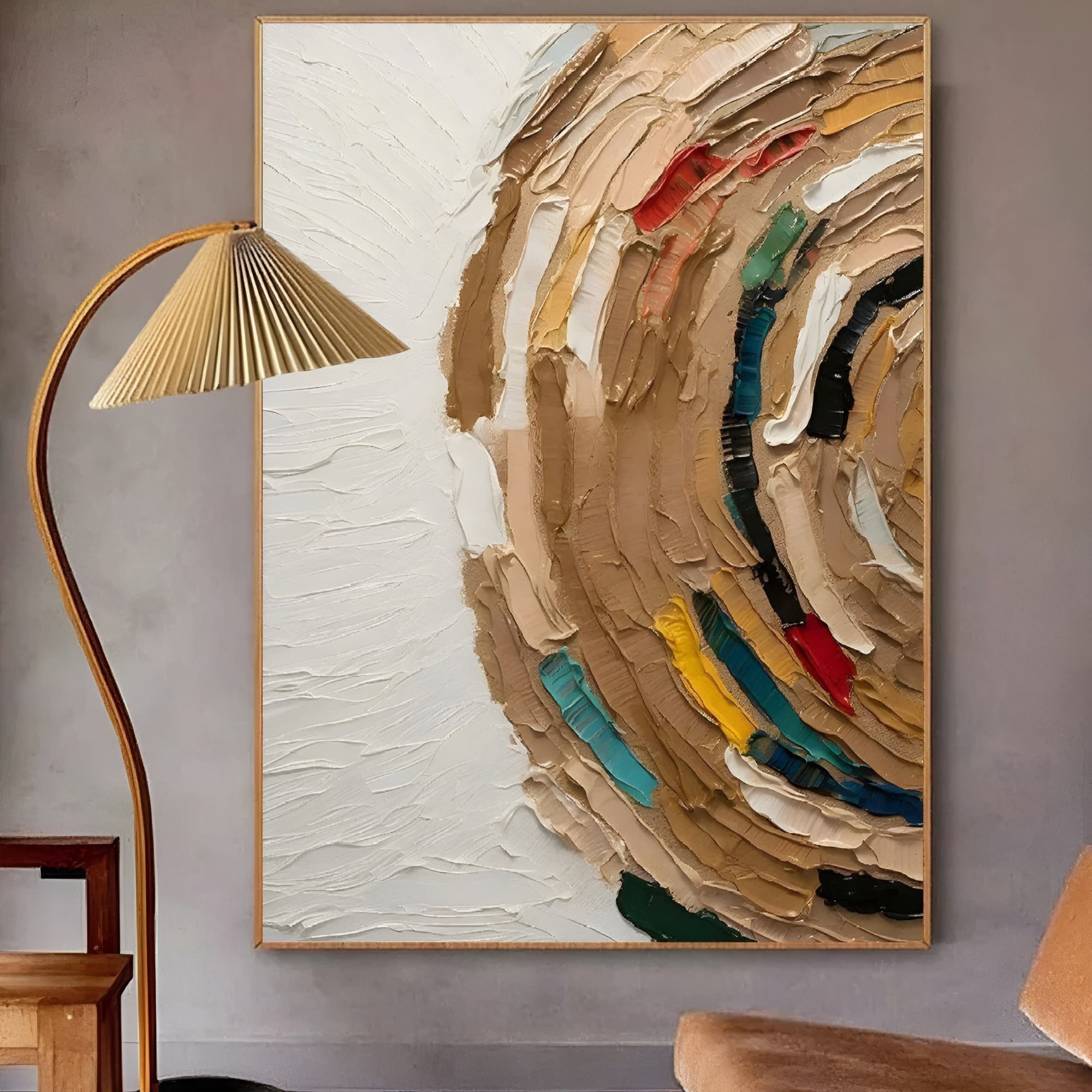 Large modern canvas with bold impasto texture in a spiral form, blending warm neutrals with vivid highlights of turquoise, red, yellow, and black.