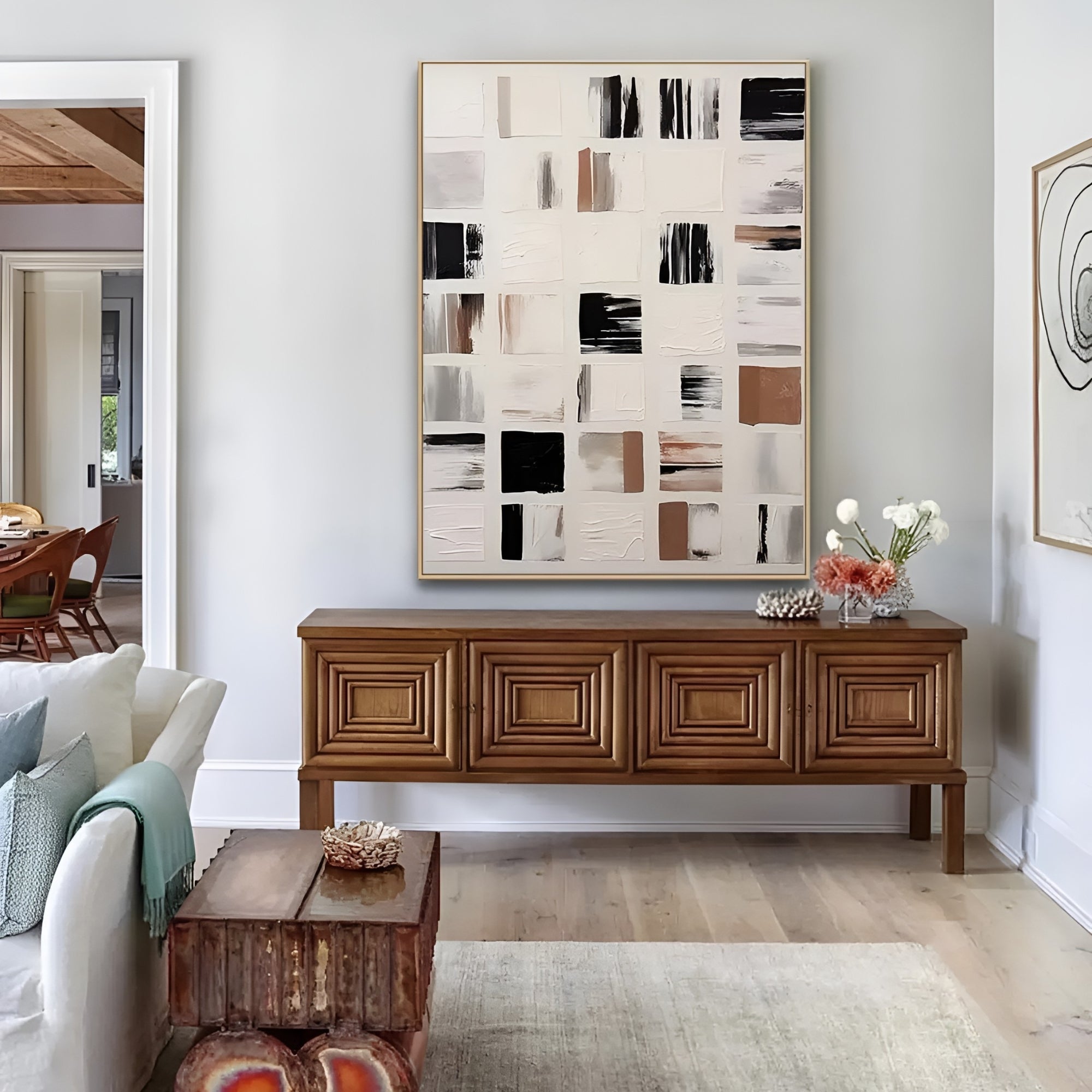 Bold and elegant abstract composition with hand-painted rectangular shapes in a grid format, offering a refined balance of texture and minimalism suitable for high-end interiors.