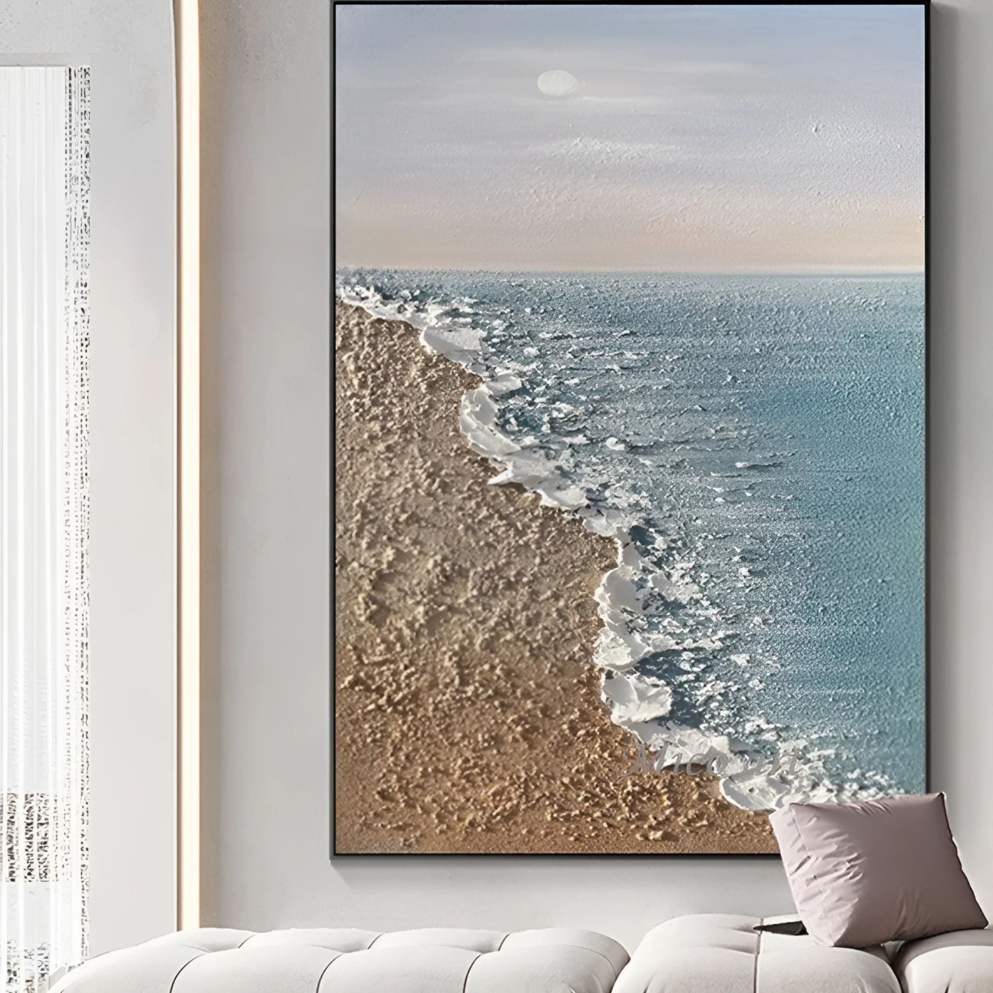 Handmade ocean shoreline oil painting, perfect for beach-themed living rooms or airy hallway decor