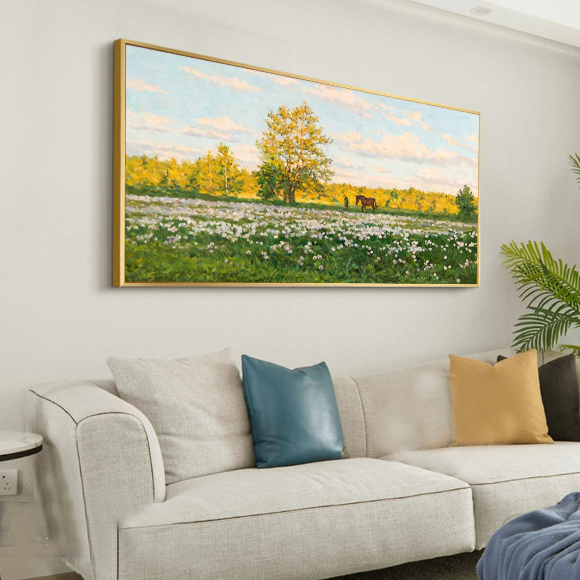 Scenic oil canvas artwork of a countryside landscape with flowers, trees, and a horse in tranquil nature.