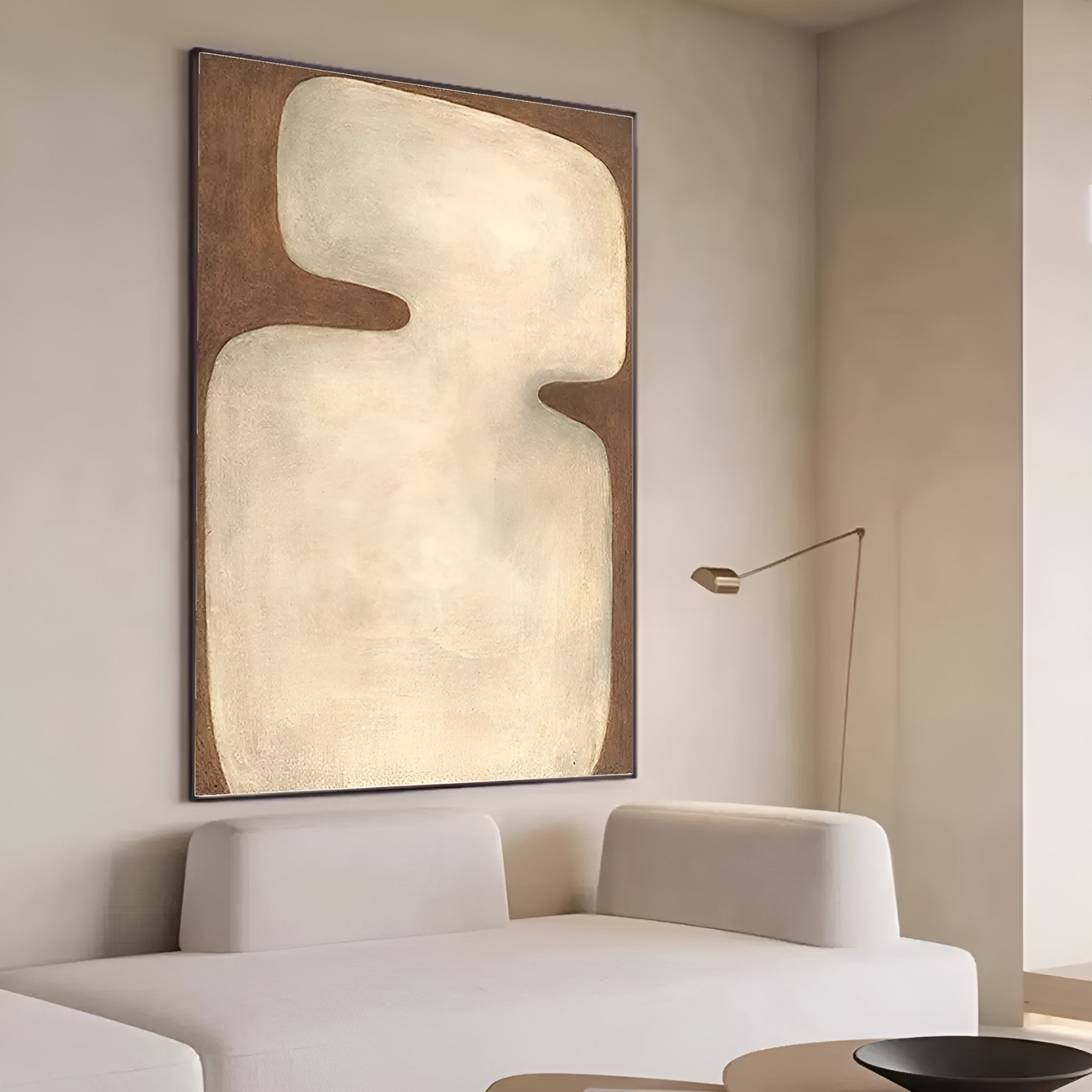 Large neutral abstract painting with organic forms, textured brushstrokes, and natural tones. Ideal for minimal and modern spaces.