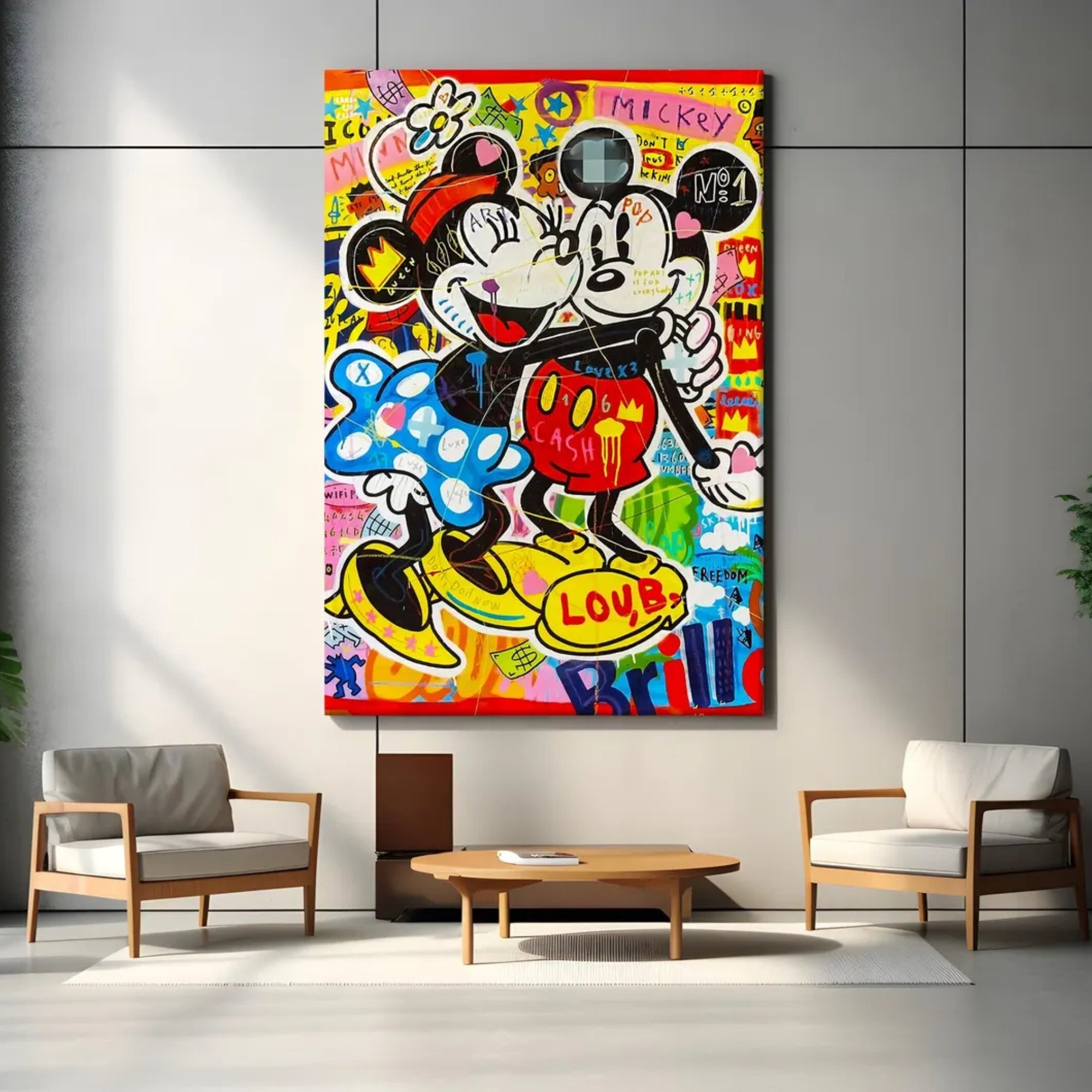 Colorful modern graffiti painting of Mickey and Minnie Mouse with luxury fashion logos, perfect for contemporary decor.