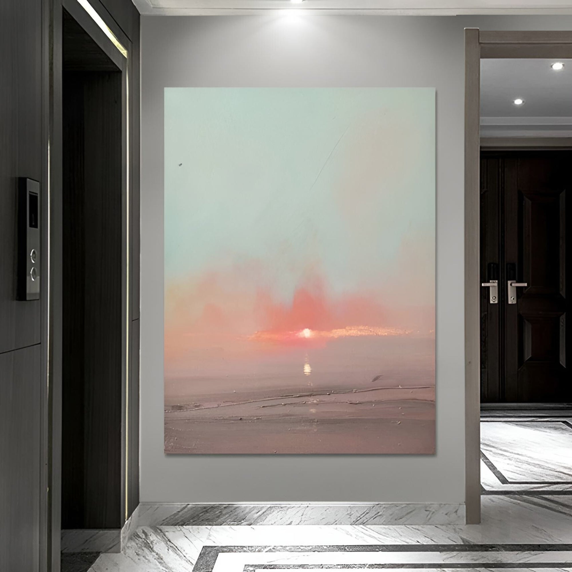 Handmade oil painting of a pastel sunrise over calm waters, perfect for minimalist home interiors or spa retreats.