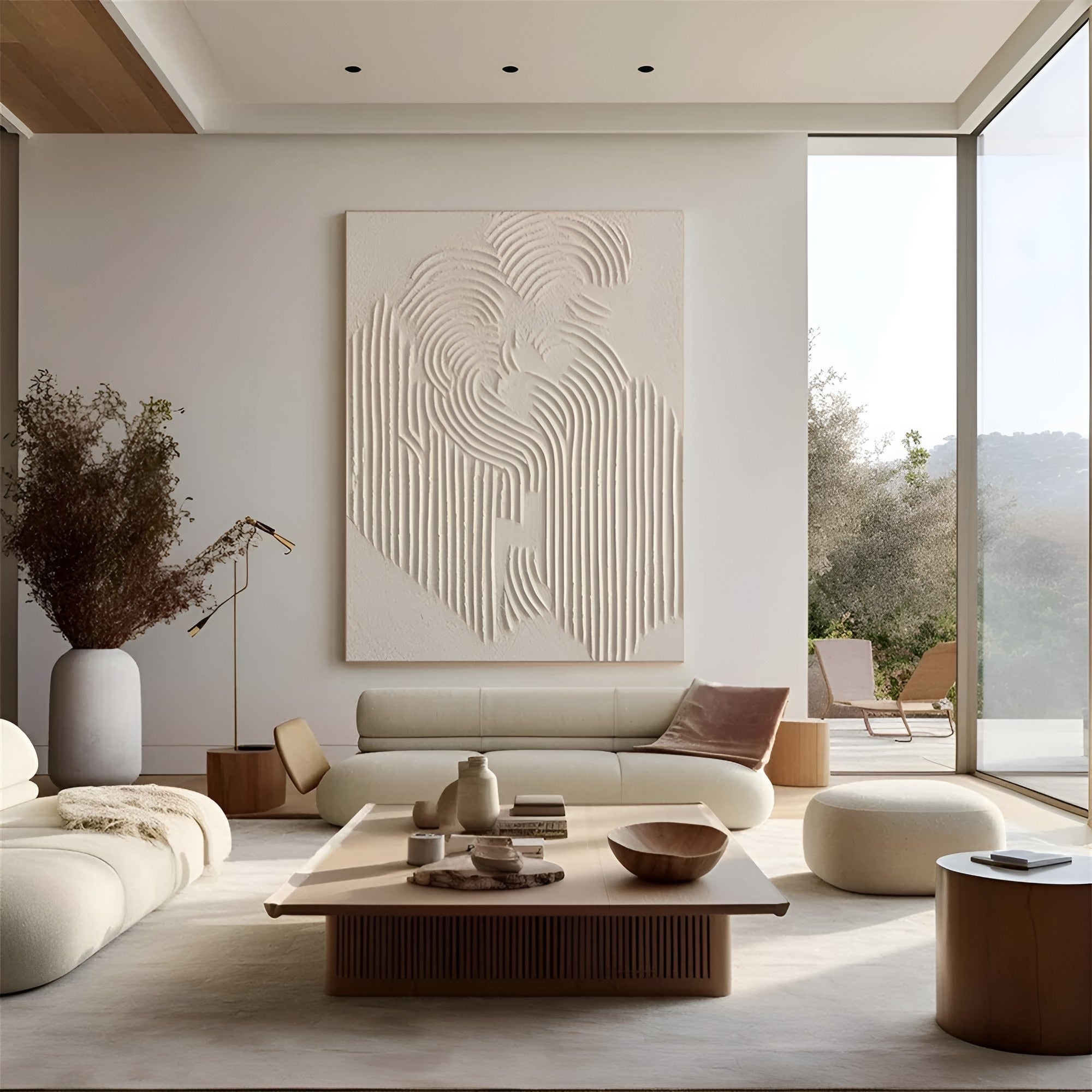 Minimalist white textured artwork featuring intricate flowing lines, adding depth and elegance to a modern interior.