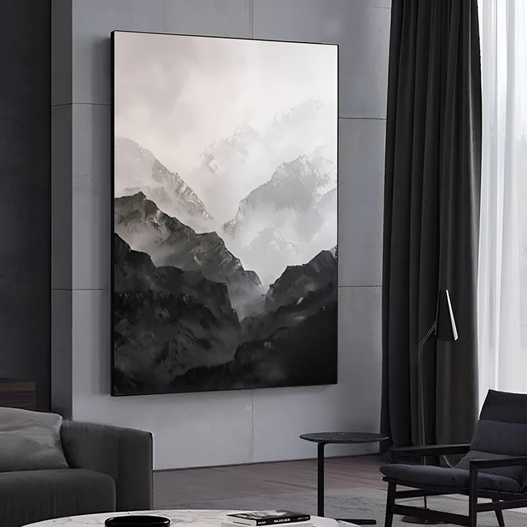 Hand-painted oil canvas featuring foggy mountains, suited for minimalist interiors, libraries, or lounge areas.