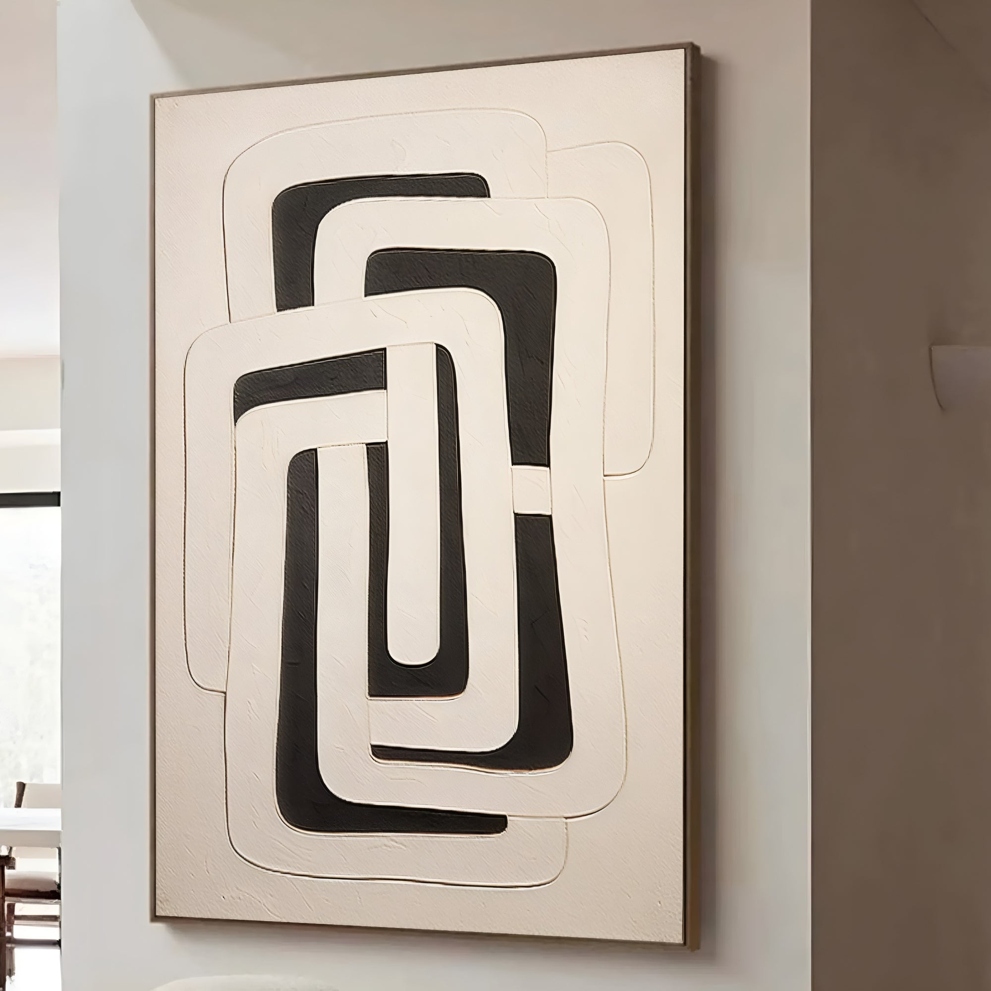 Large-scale abstract canvas art in black and beige – luxury statement piece for modern spaces.