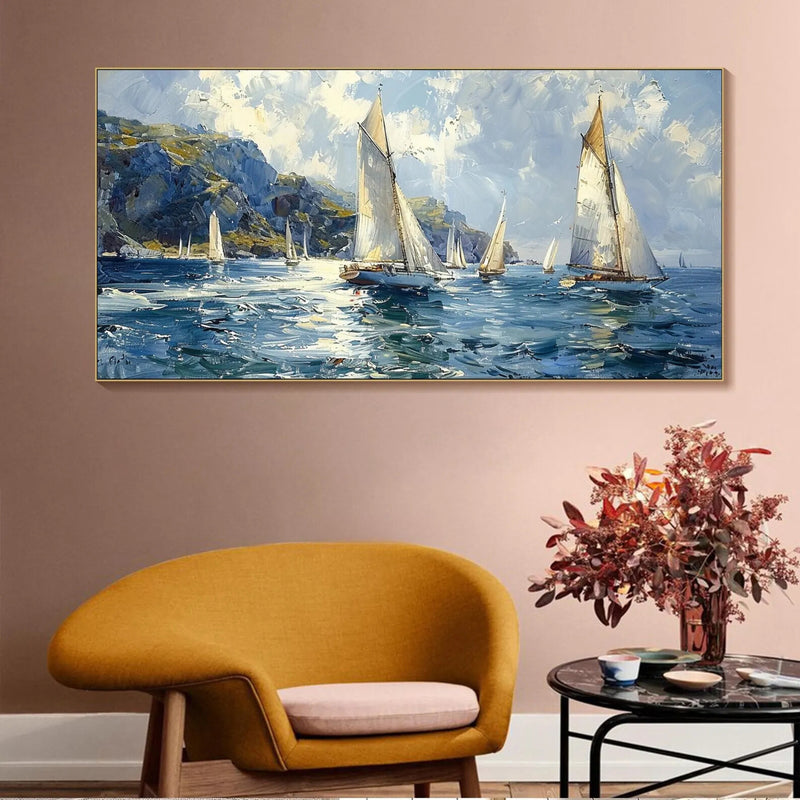 Dynamic seascape oil painting of sailboats racing across a sunlit ocean, ideal for enhancing living rooms, beachside villas, or maritime-themed interiors with movement and vitality.
