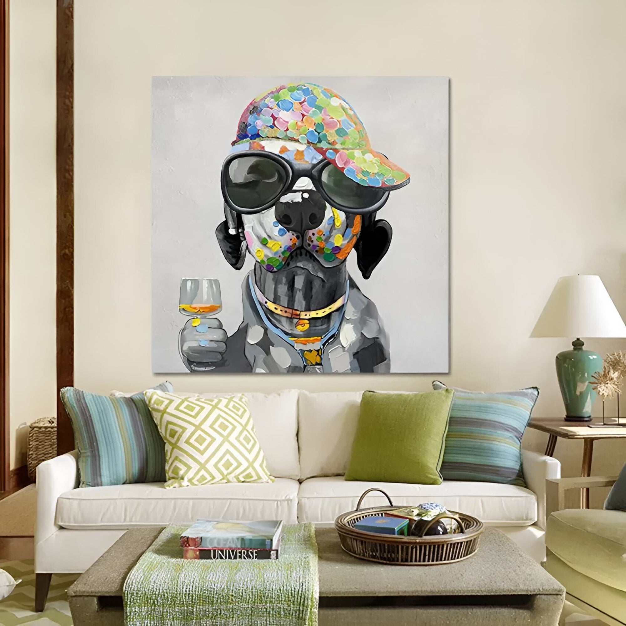 Handmade oil artwork featuring a stylish dog in a colorful cap, great for game rooms, trendy apartments, or studio lofts.