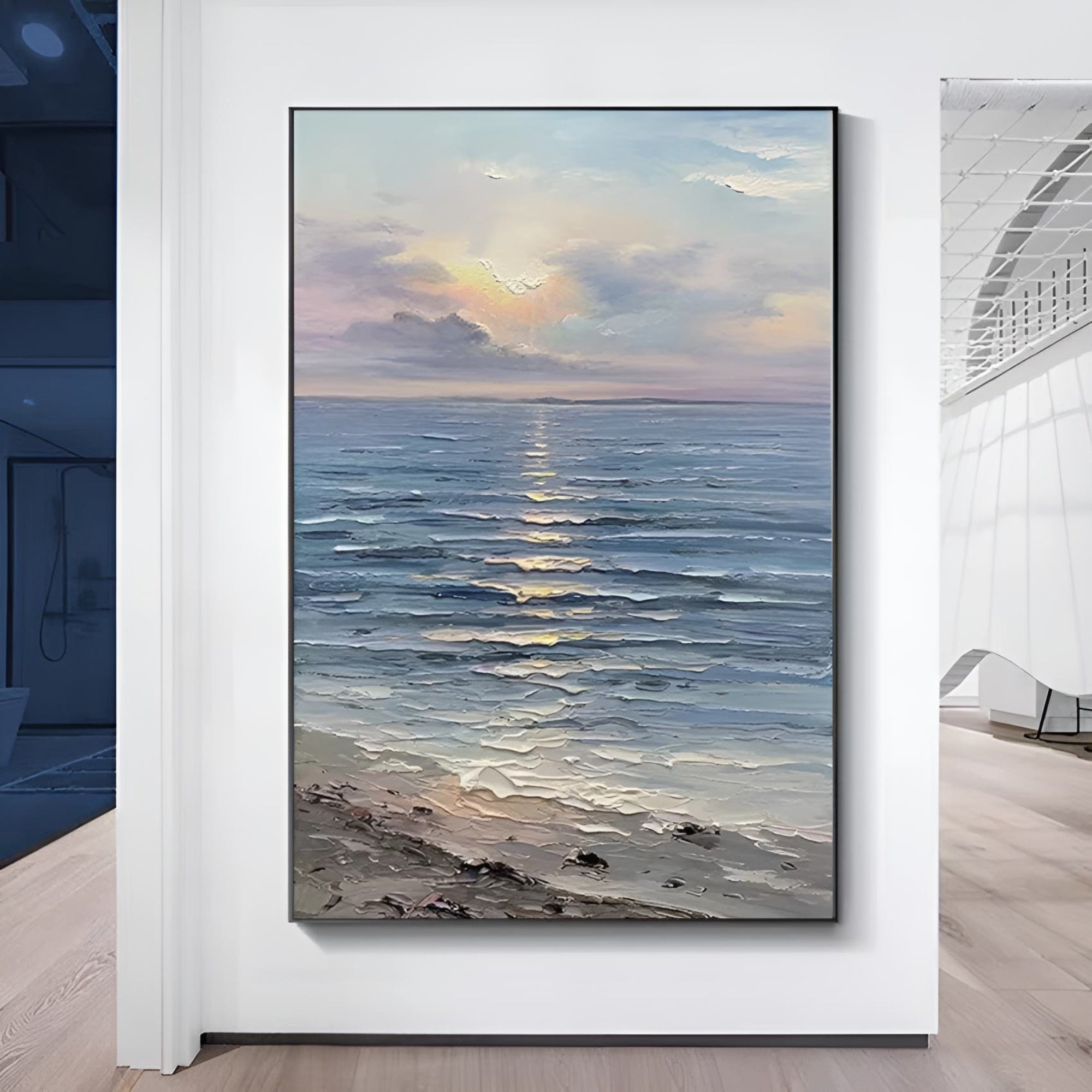 Tranquil ocean sunset painting, ideal for coastal-themed interiors or modern living rooms.