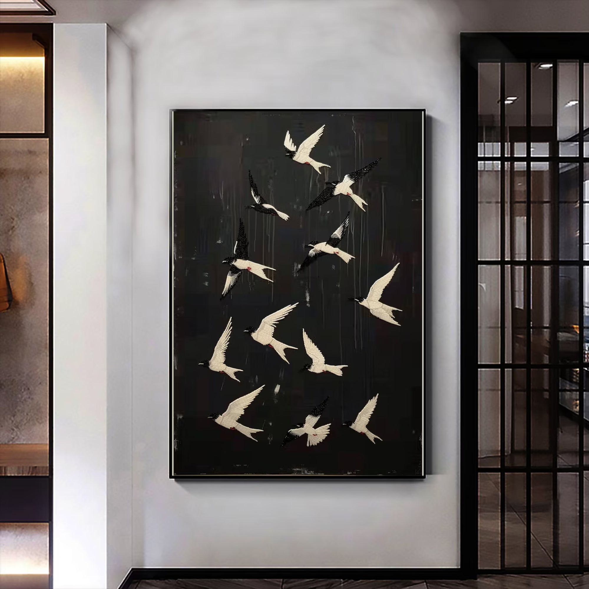 Handmade flying birds artwork in black tones, ideal for modern entryways or refined gallery-style interiors.
