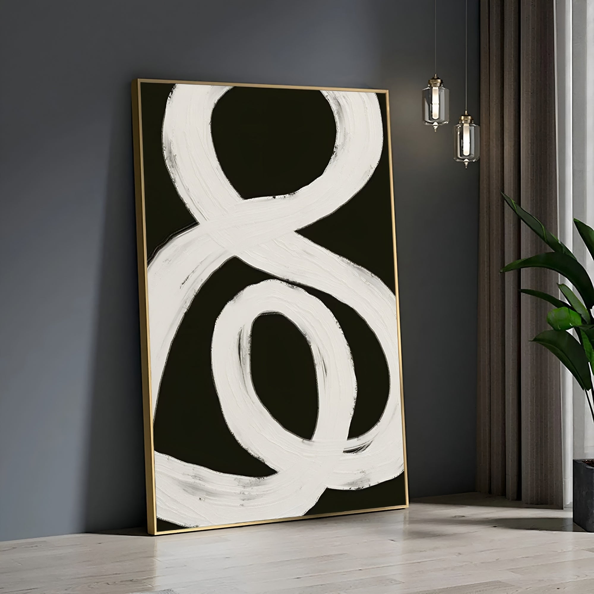 Large abstract canvas art featuring a fluid white ampersand design on a deep black background – perfect for minimalist decor.