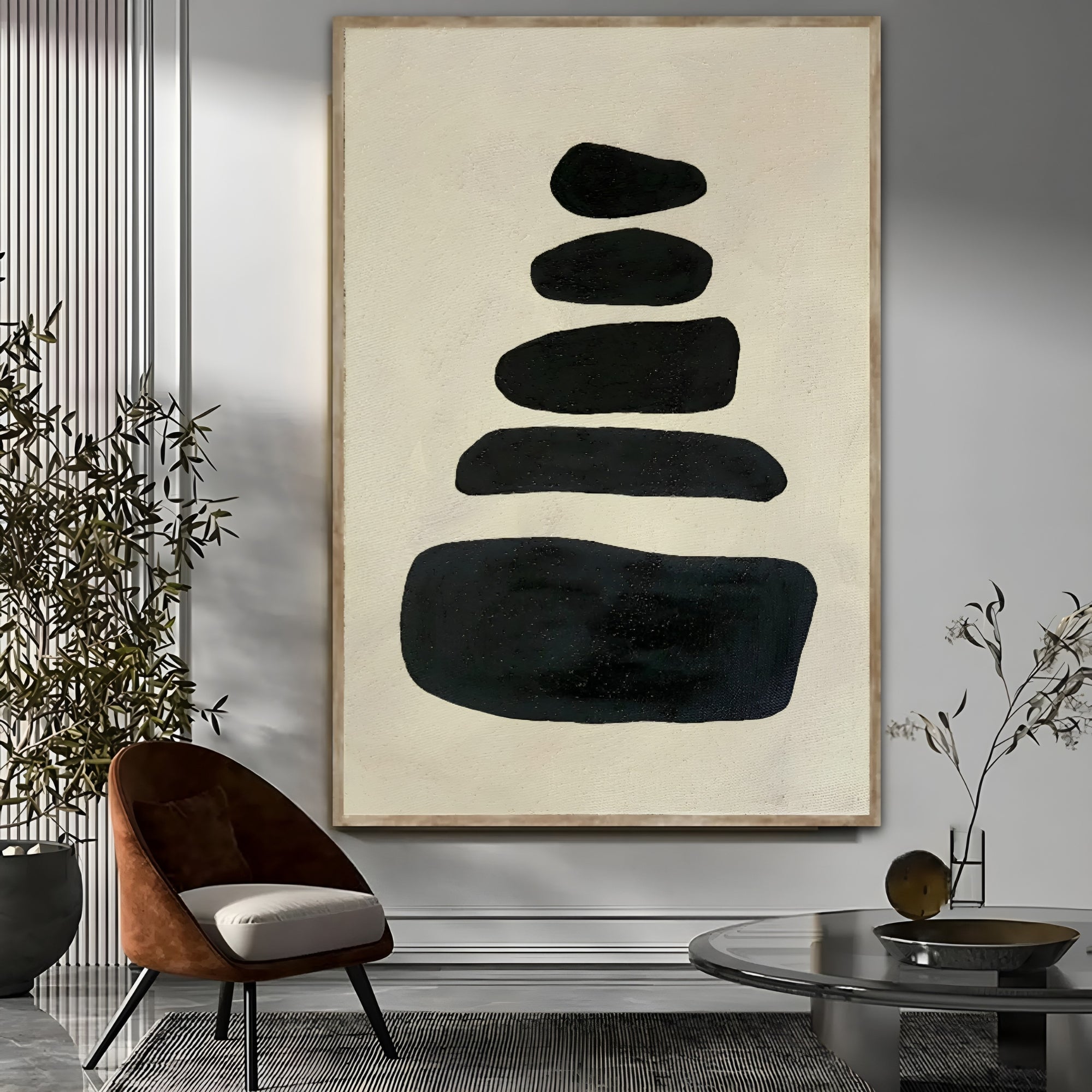 Hand-painted abstract artwork with organic black forms on a neutral canvas background, perfect for contemporary homes.