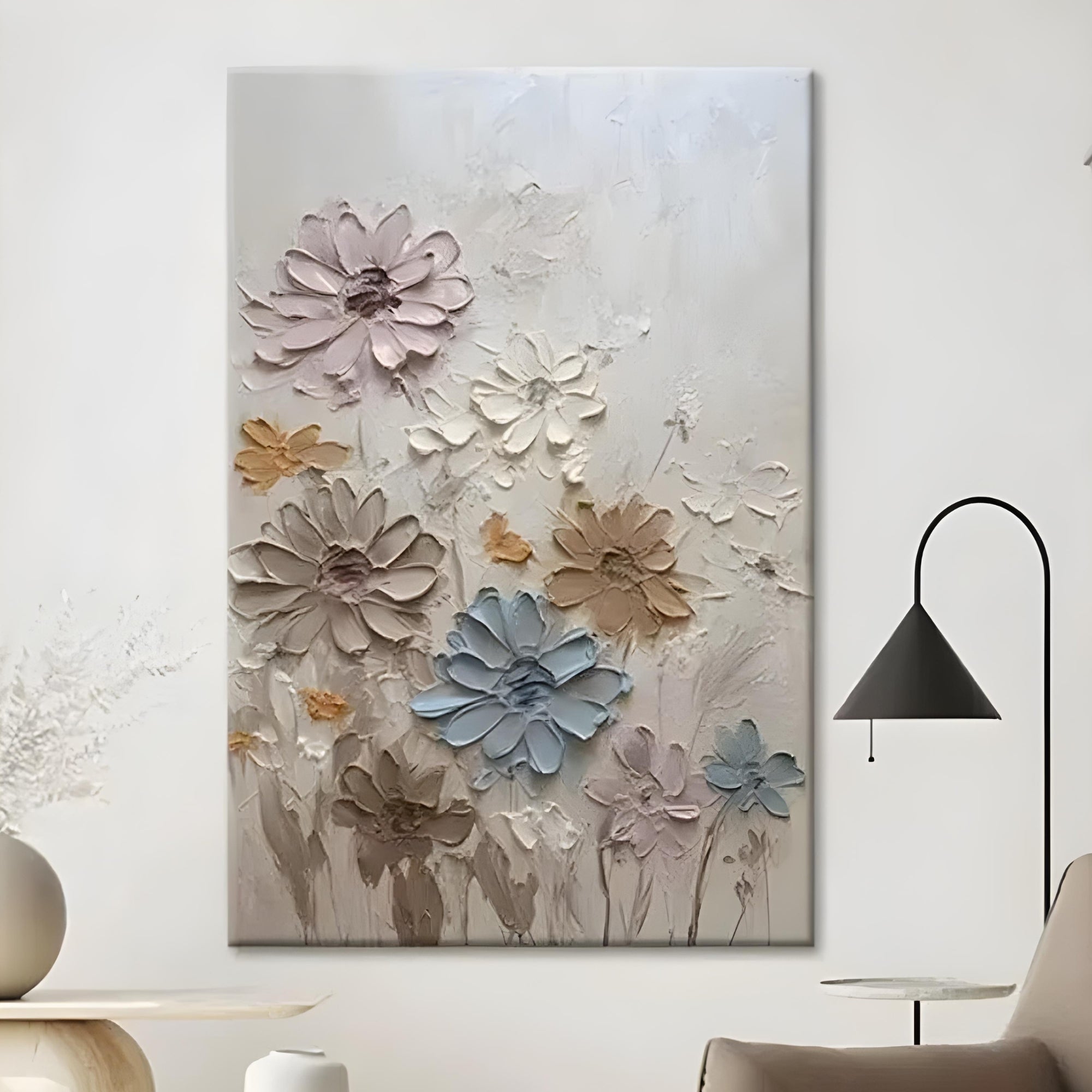 Hand-painted oil painting of pastel flowers, ideal for living rooms or wellness spaces seeking a soft, organic touch.