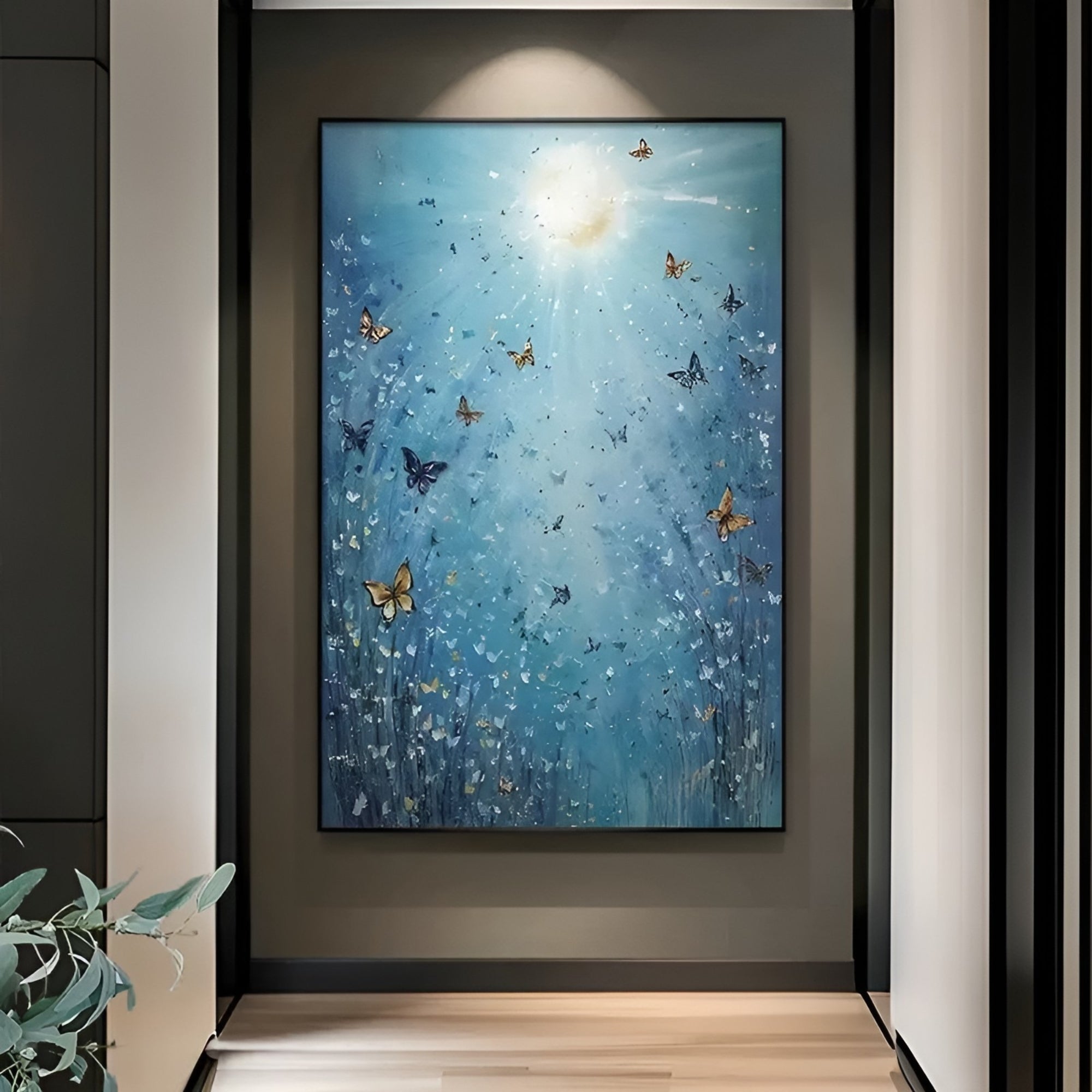 Blue and gold butterfly oil painting, handmade on canvas, brings calm and color to modern living spaces.