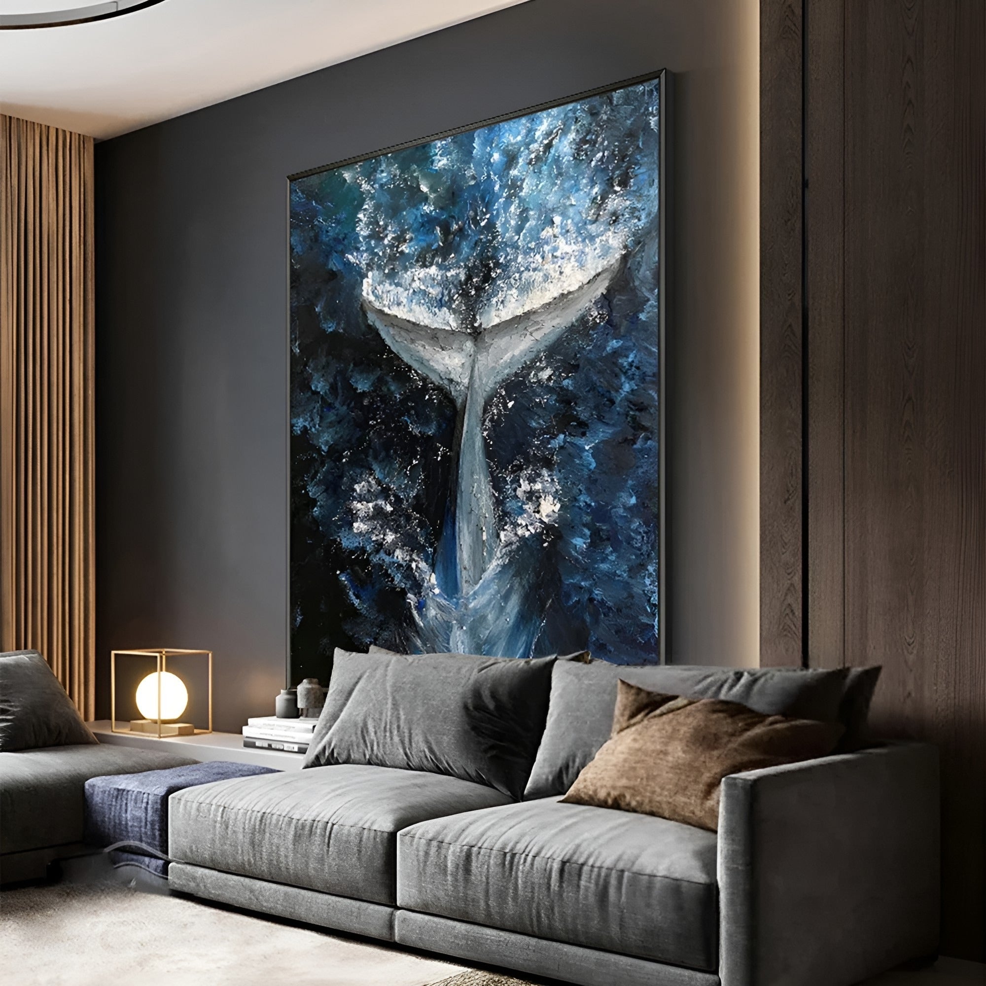 Unique handmade whale tail oil painting in bold blues, adding marine charm to your living room or hallway.