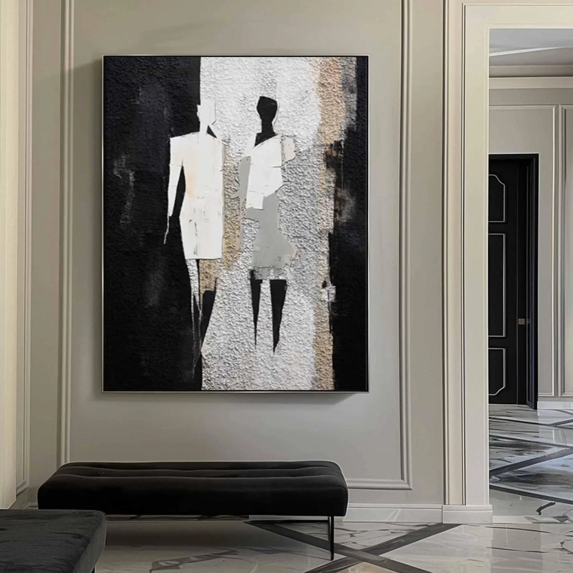 Striking Silhouette Painting in Beige, Black, and White Tones Framed in a Professional Workspace – A great addition to hallway galleries, design firms, or hotel lounges seeking artistic impact.