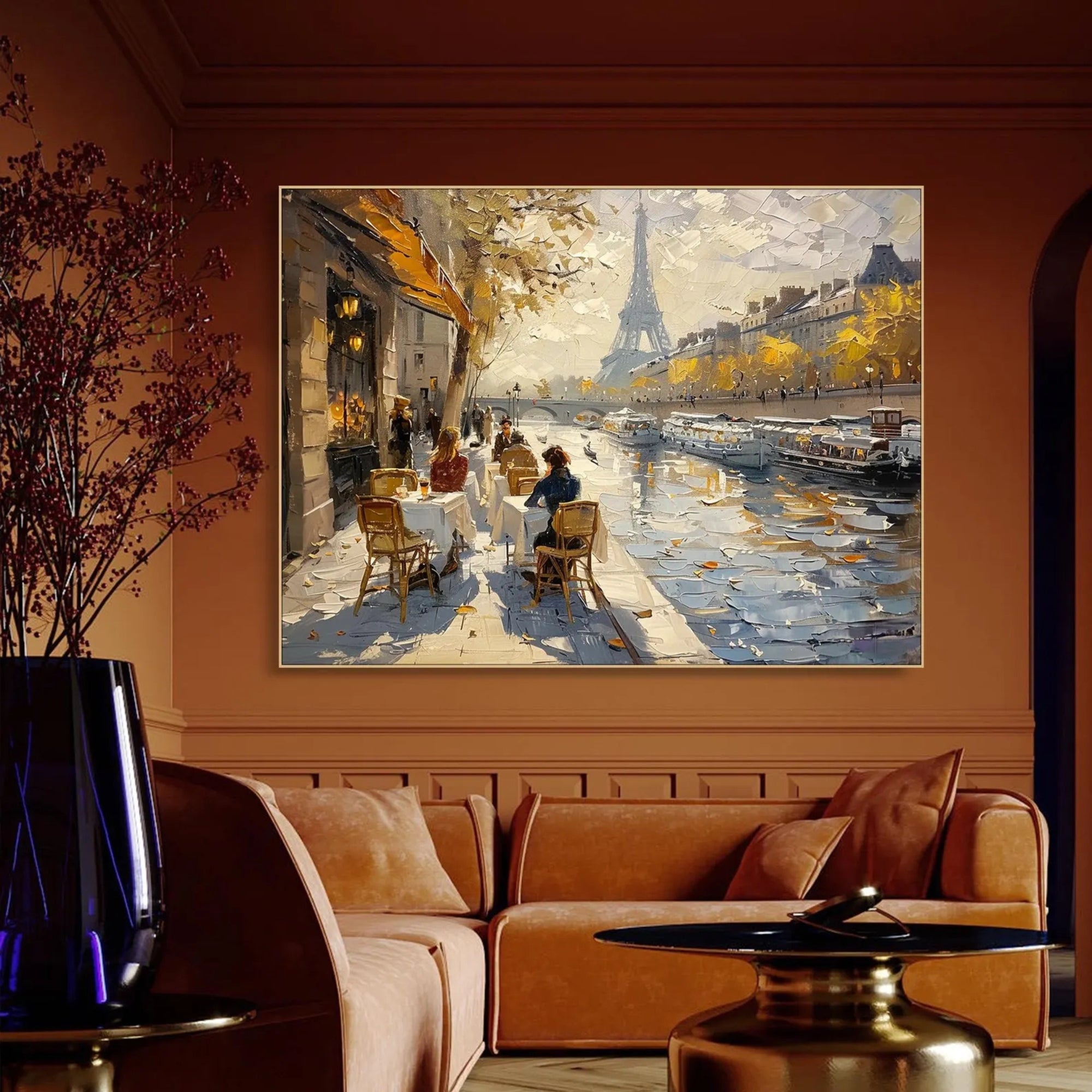 Textured oil painting of a sunlit Paris riverside café, capturing the timeless elegance of the city—perfect for classic living spaces, cozy reading nooks, or chic urban apartments.