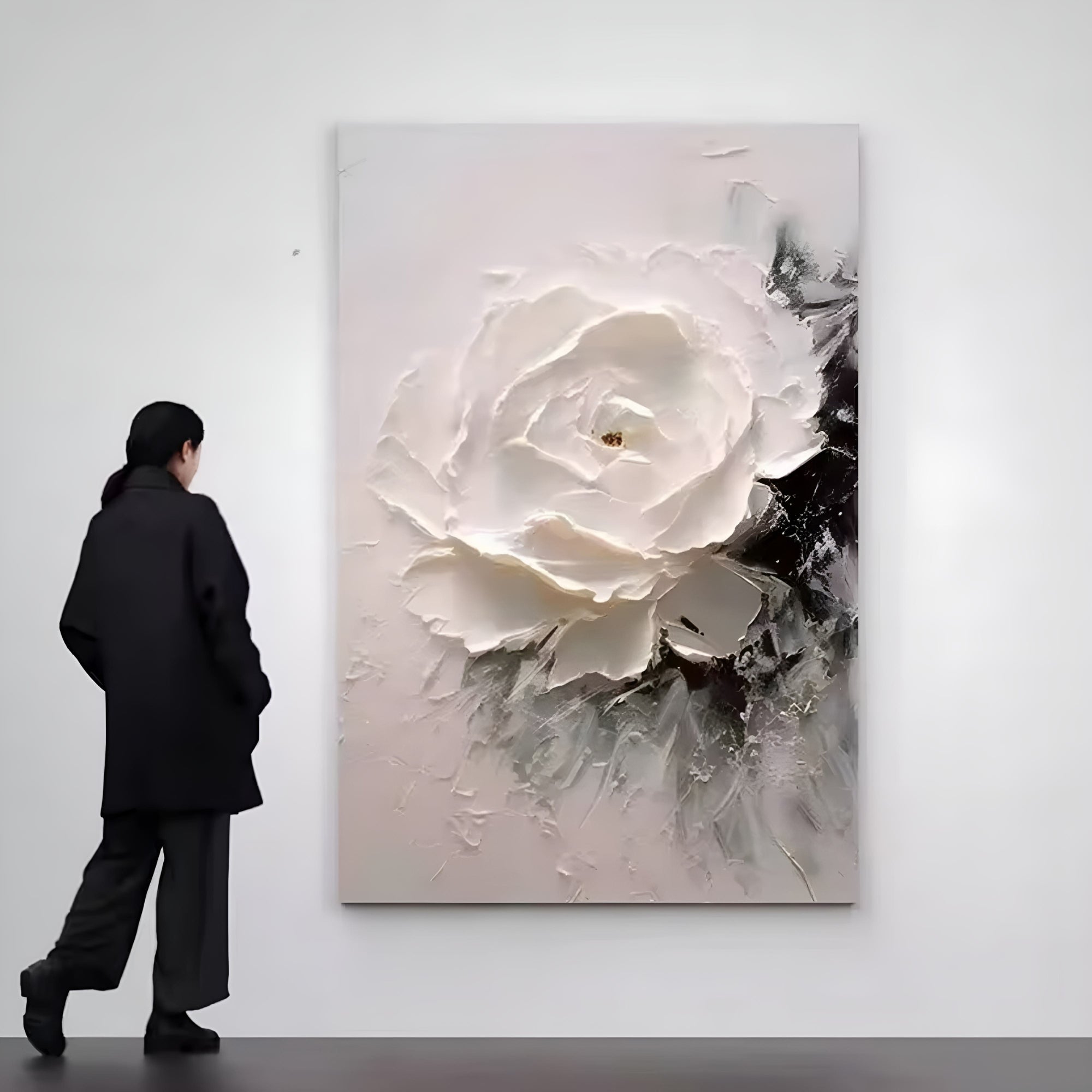 Textured handmade oil painting of a white rose, bringing charm and calmness to living rooms, offices, or reading nooks.