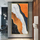 Handmade abstract painting with bold orange, white, and black texture, perfect for modern interior wall decor.