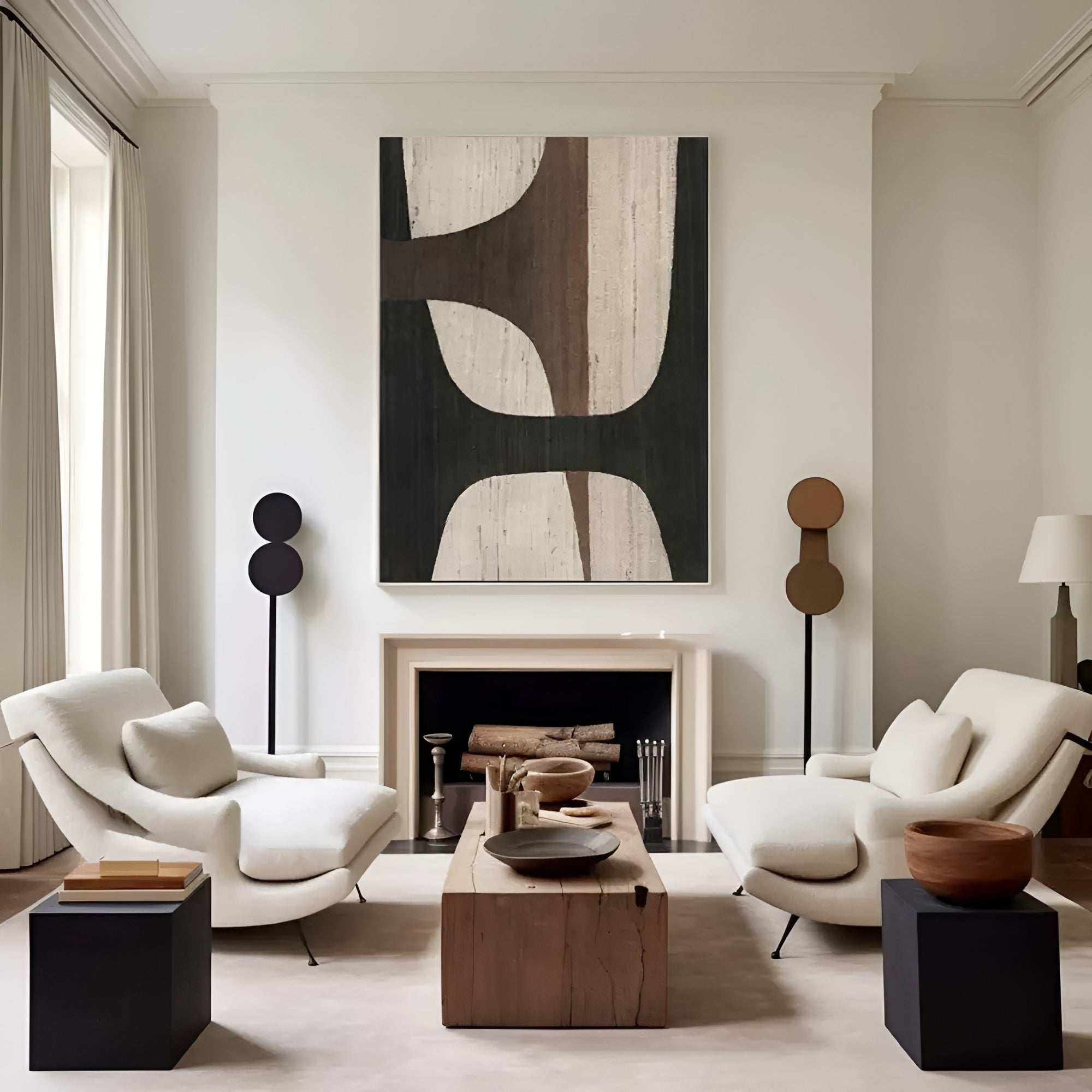 Large abstract wall art in black, beige, and brown hues. A handcrafted, mid-century inspired modern painting for stylish decor.