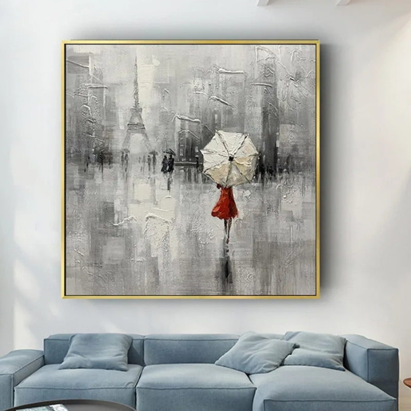 Handmade oil painting of romantic city stroll, fitting for home entryways, galleries, or libraries.