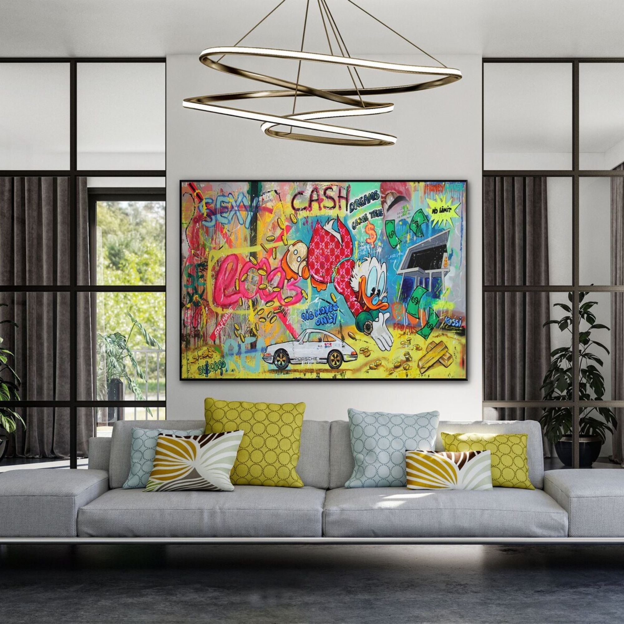 Eye-catching contemporary wall art showcasing a fusion of graffiti, luxury, and pop culture elements. A unique piece for living rooms, game rooms, or office spaces that celebrate wealth, success, and urban culture.