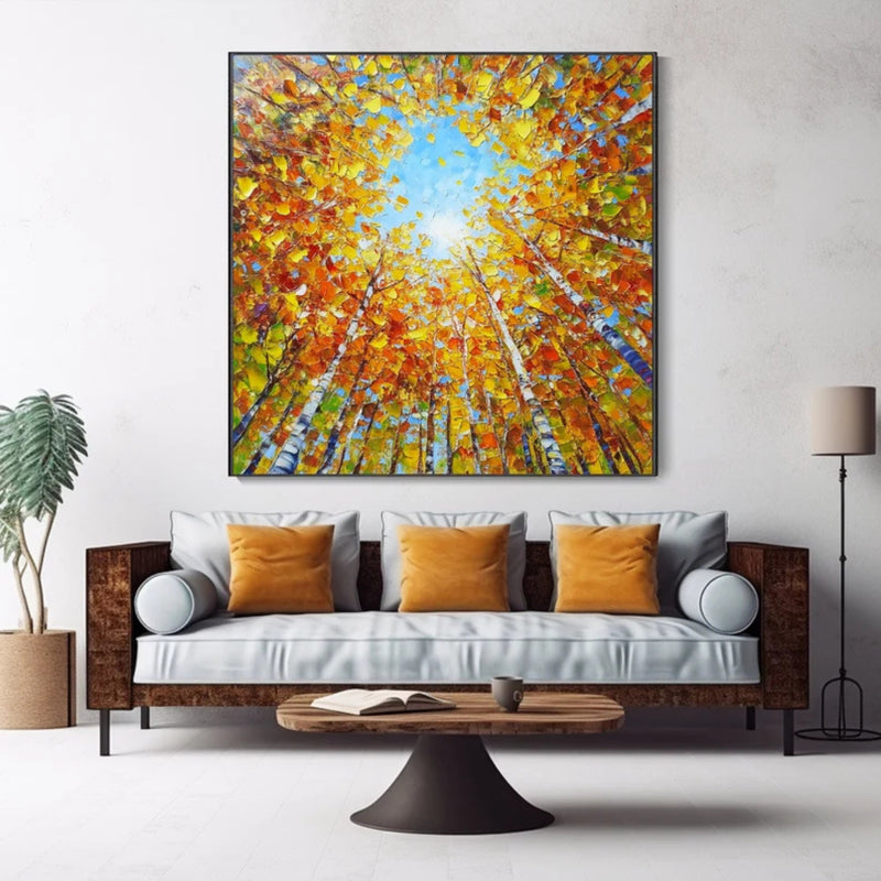 Contemporary fall forest painting with a dreamlike upward view, rich in textured leaves and vertical tree trunks. A great match for bright sitting areas, modern lounges, or creative workspaces