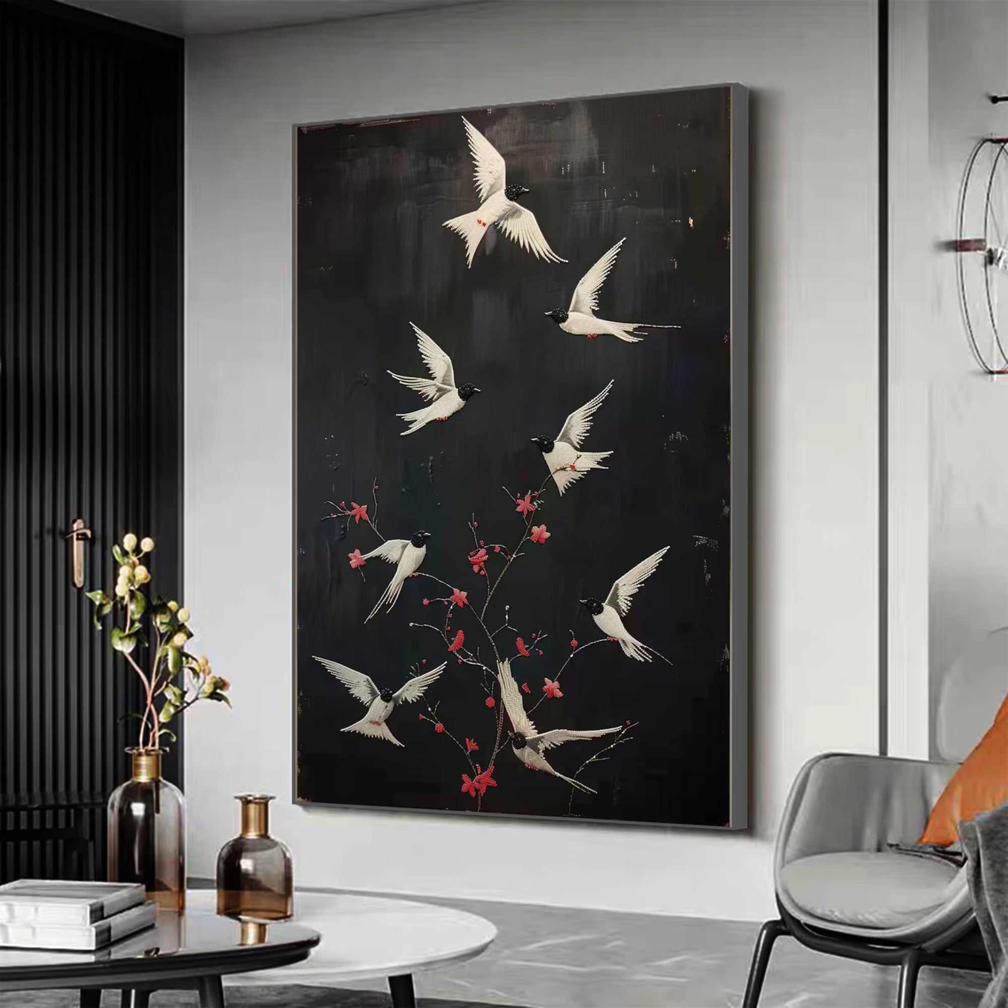 Elegant flying bird artwork, crafted by hand, perfect for hallways or moody dining nooks.