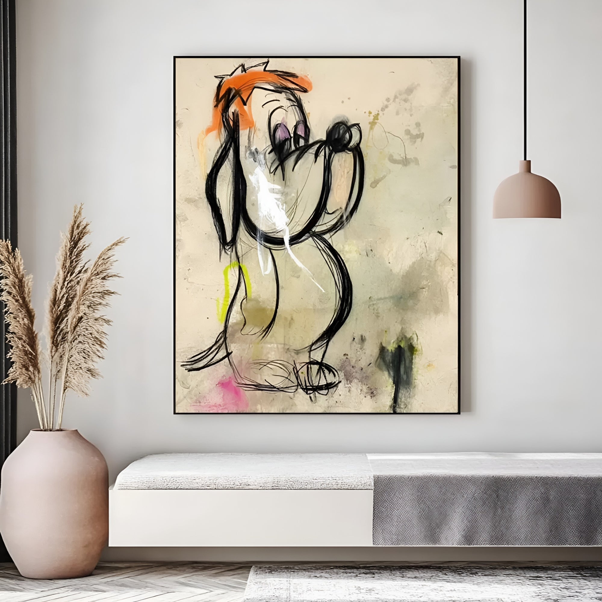 Oversized dog artwork with artistic hand-drawn details, ideal for living rooms, hallways, or modern art collectors.