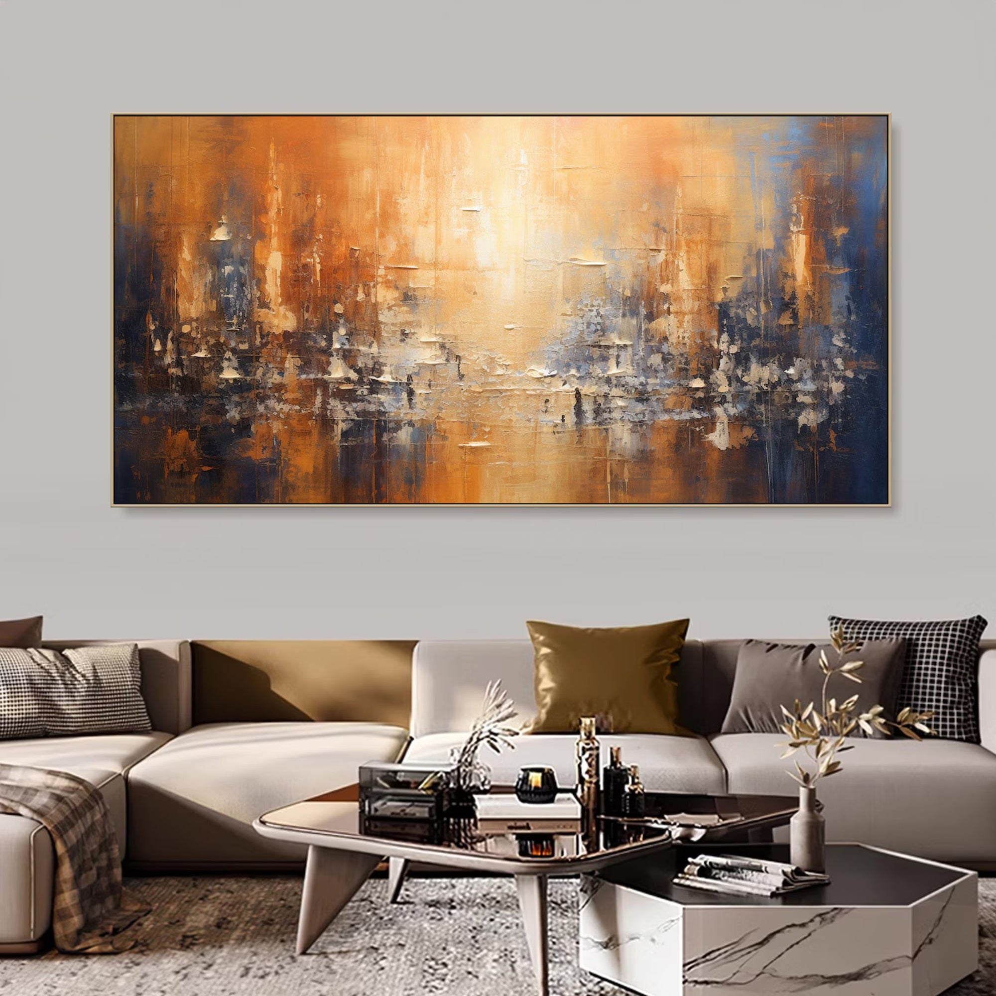 Golden-hour inspired city painting – A horizontal canvas artwork capturing the ambiance of a city at sunset, blending abstract techniques and urban forms. Looks stunning in a hallway, modern lounge, or above a statement sofa.