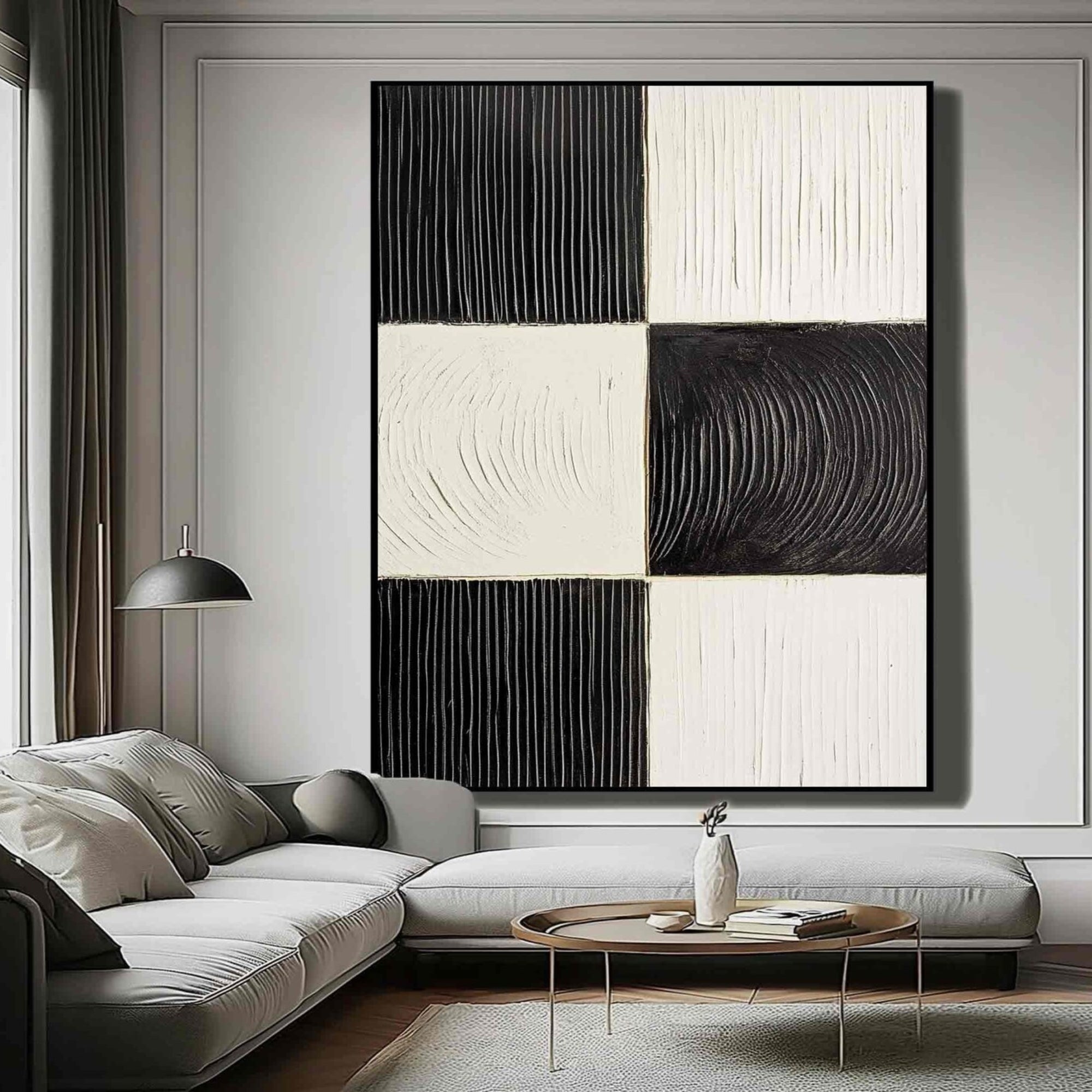 Monochrome grid artwork with tactile texture and linear detailing – Featuring alternating black and white squares, this piece adds visual depth to entryways, offices, or reading corners.