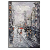 Close-up of handmade oil painting showing textured brushstrokes of rainy London street, perfect for art-focused interiors.