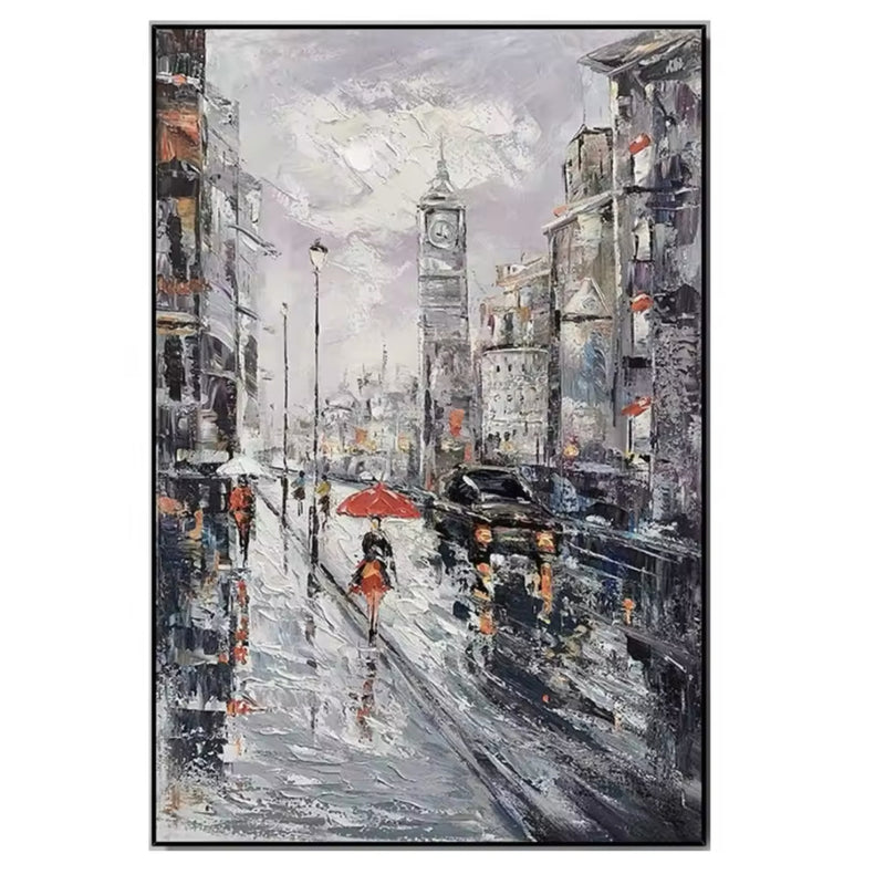 Close-up of handmade oil painting showing textured brushstrokes of rainy London street, perfect for art-focused interiors.