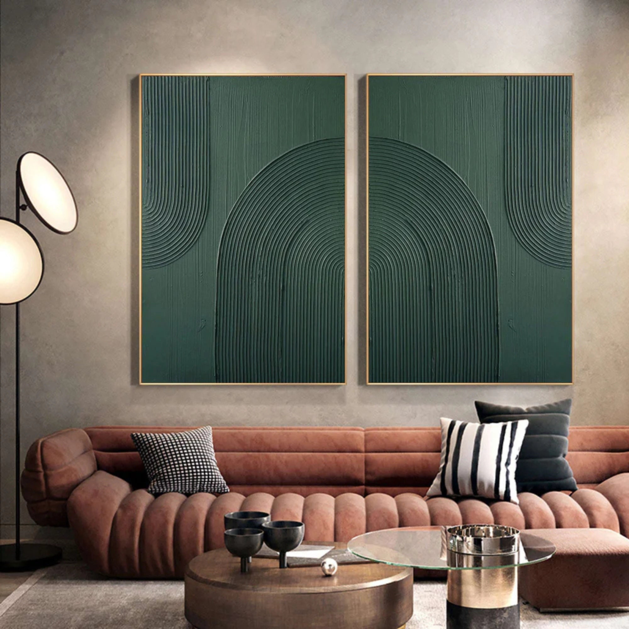 Plaster Art Texture Painting -  Emerald Arcs - Set of 2