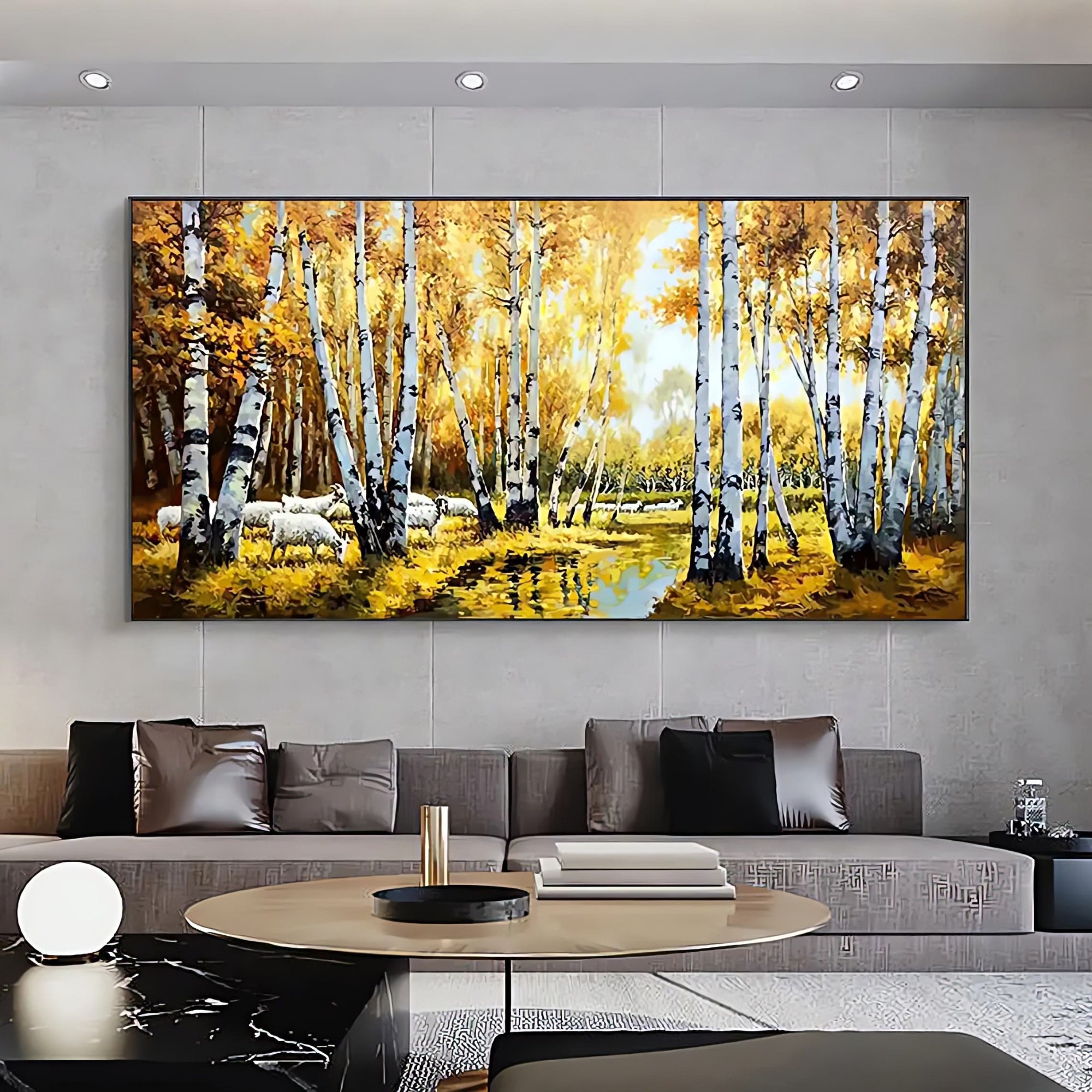 Warm your entryway or hallway with this tranquil handmade oil painting of a birch tree landscape.