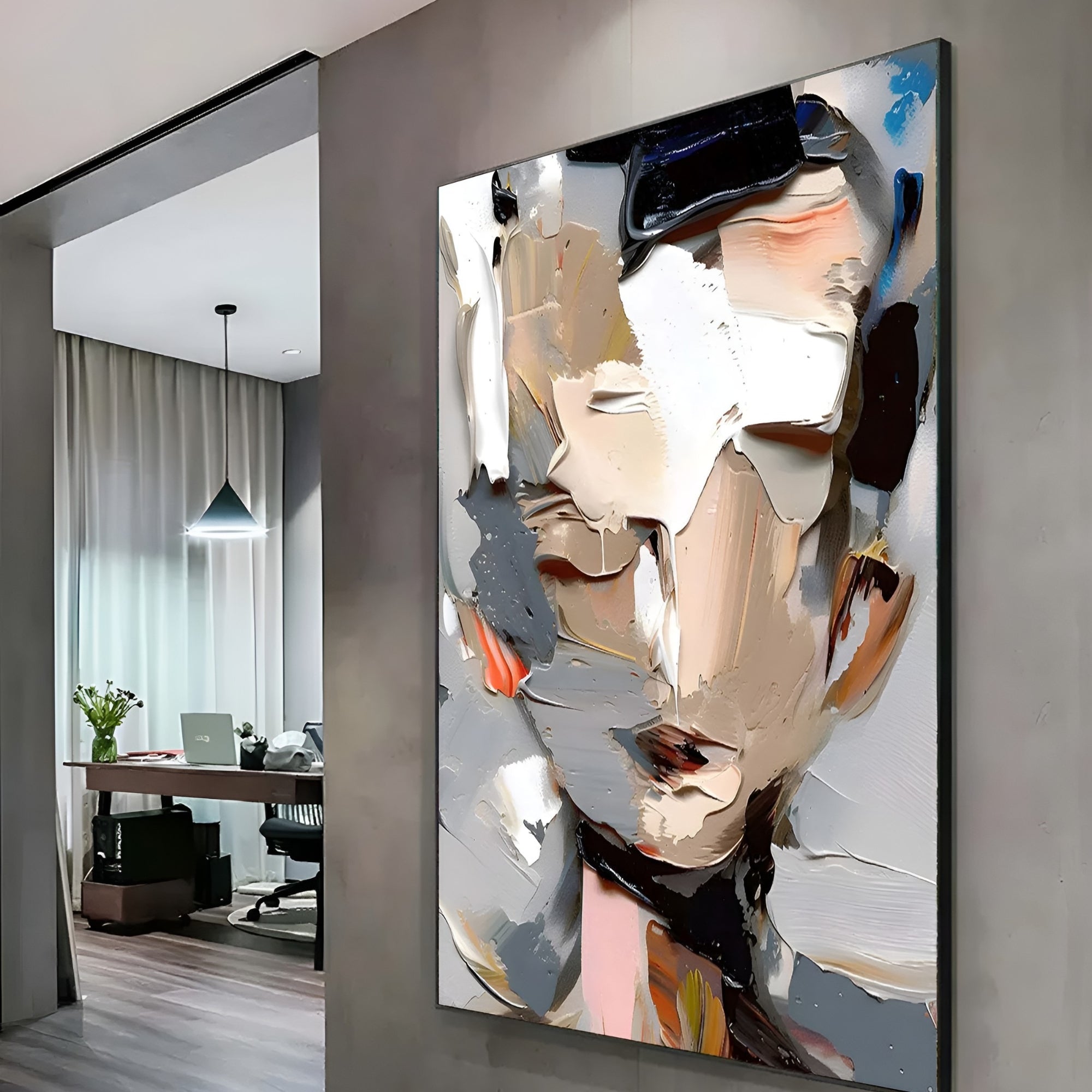 Bold handmade oil artwork of abstract face, perfect for modern lofts or artistic interiors.