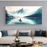 Peaceful lake and mountain scene painting, perfect for minimalist or modern living spaces.