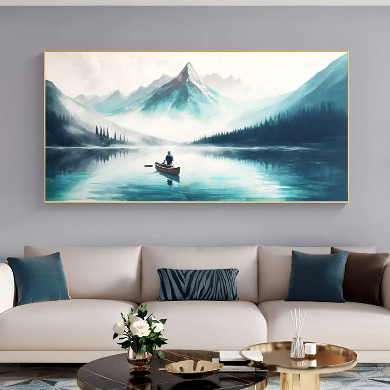 Peaceful lake and mountain scene painting, perfect for minimalist or modern living spaces.