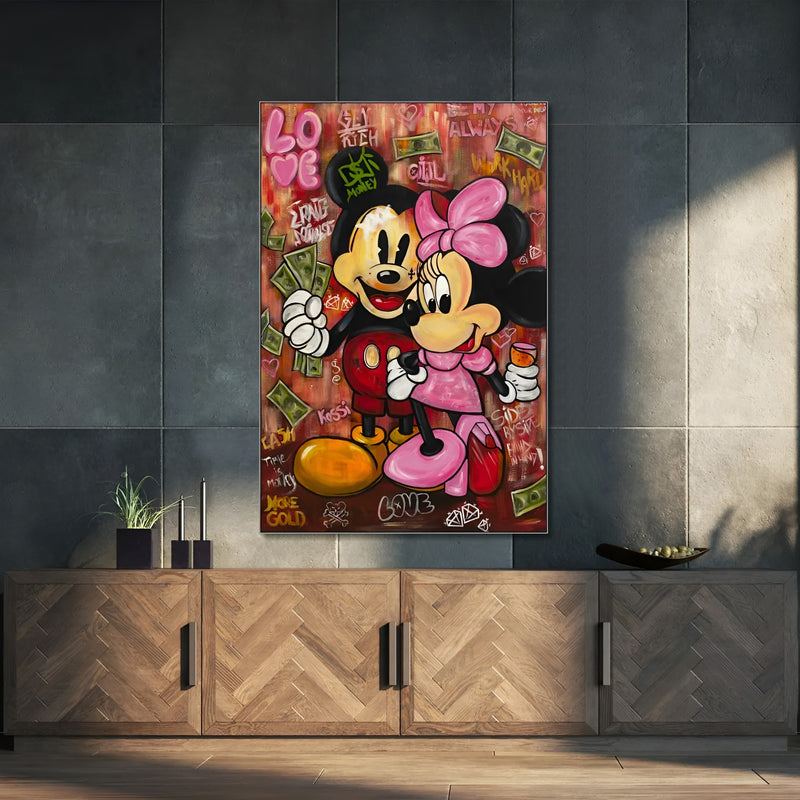 Graffiti-style Mickey and Minnie Mouse oil painting – vibrant hand-painted street art on canvas for bold and modern home decor