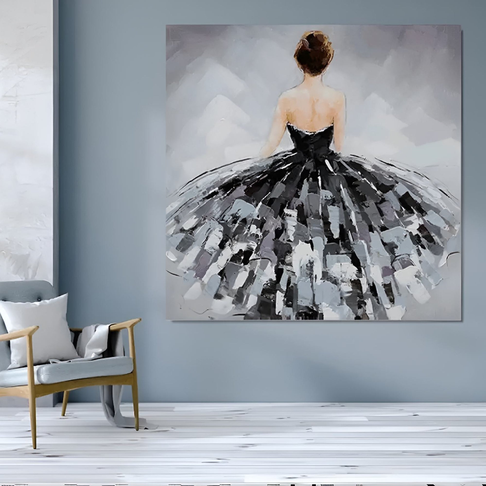Elegant handmade oil painting in grayscale, a stunning focal piece for luxury walk-in closets.