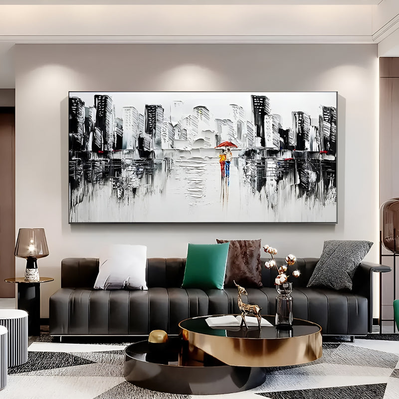 Black and white city art with a pop of color, ideal for adding depth to minimal or industrial-styled rooms.