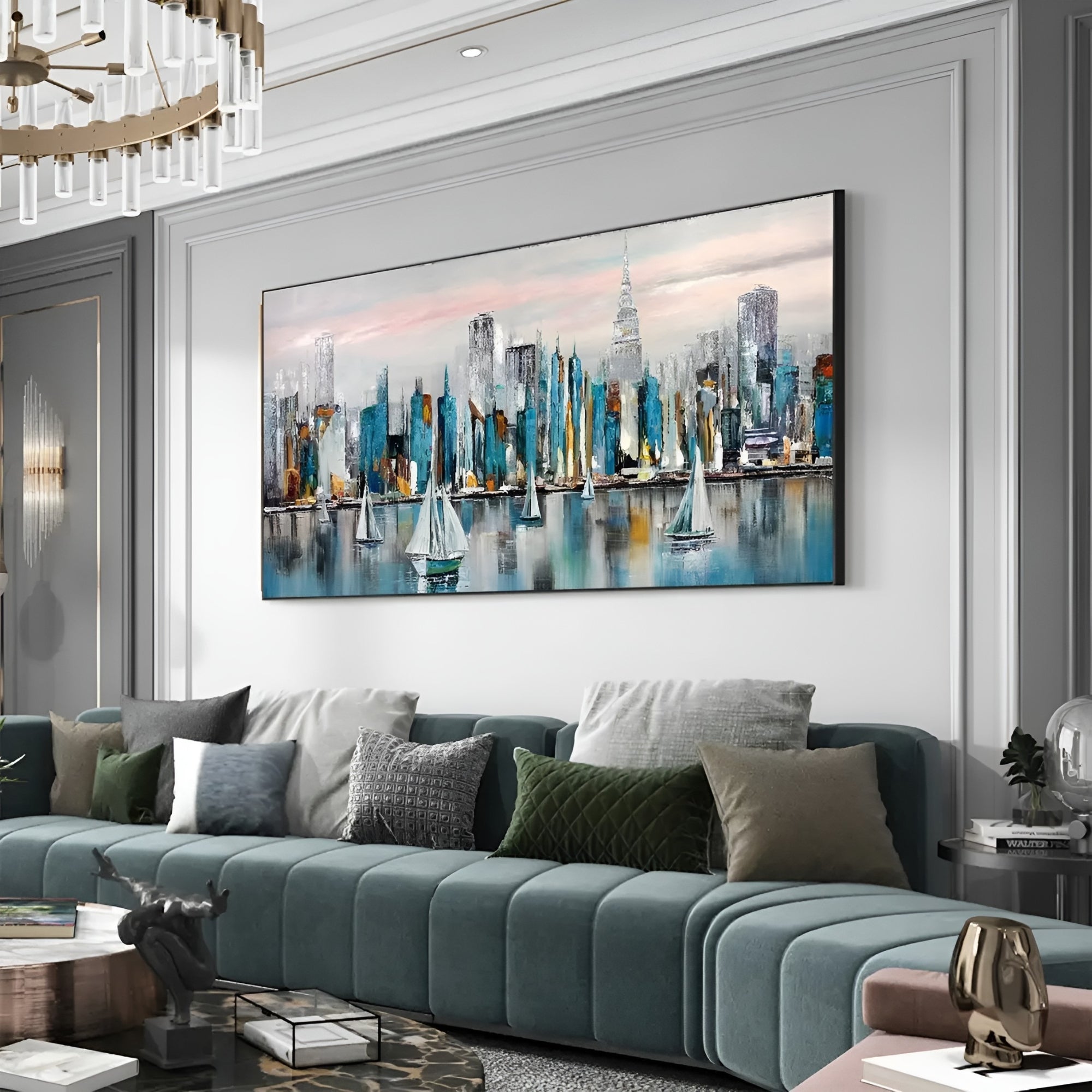 Hand-painted harbor cityscape with sailing boats, blending abstract and impressionist elements—perfect for adding movement and sophistication to any contemporary space.