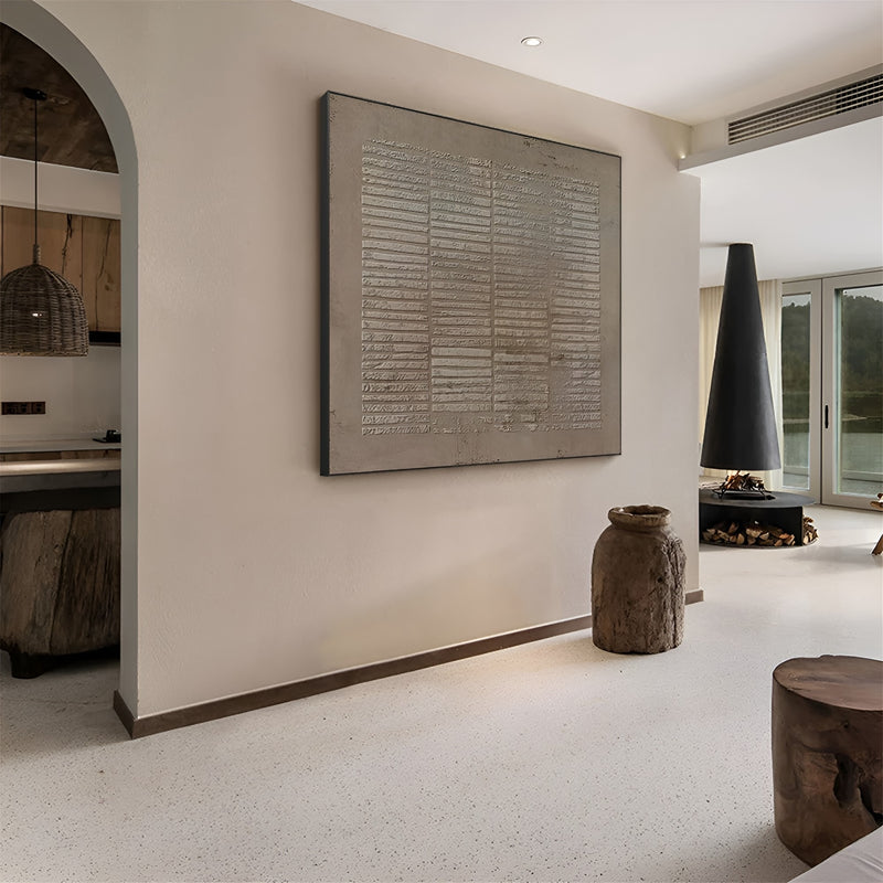 Handmade abstract art with linear patterns and earthy hues, ideal for contemporary and Scandinavian interiors.