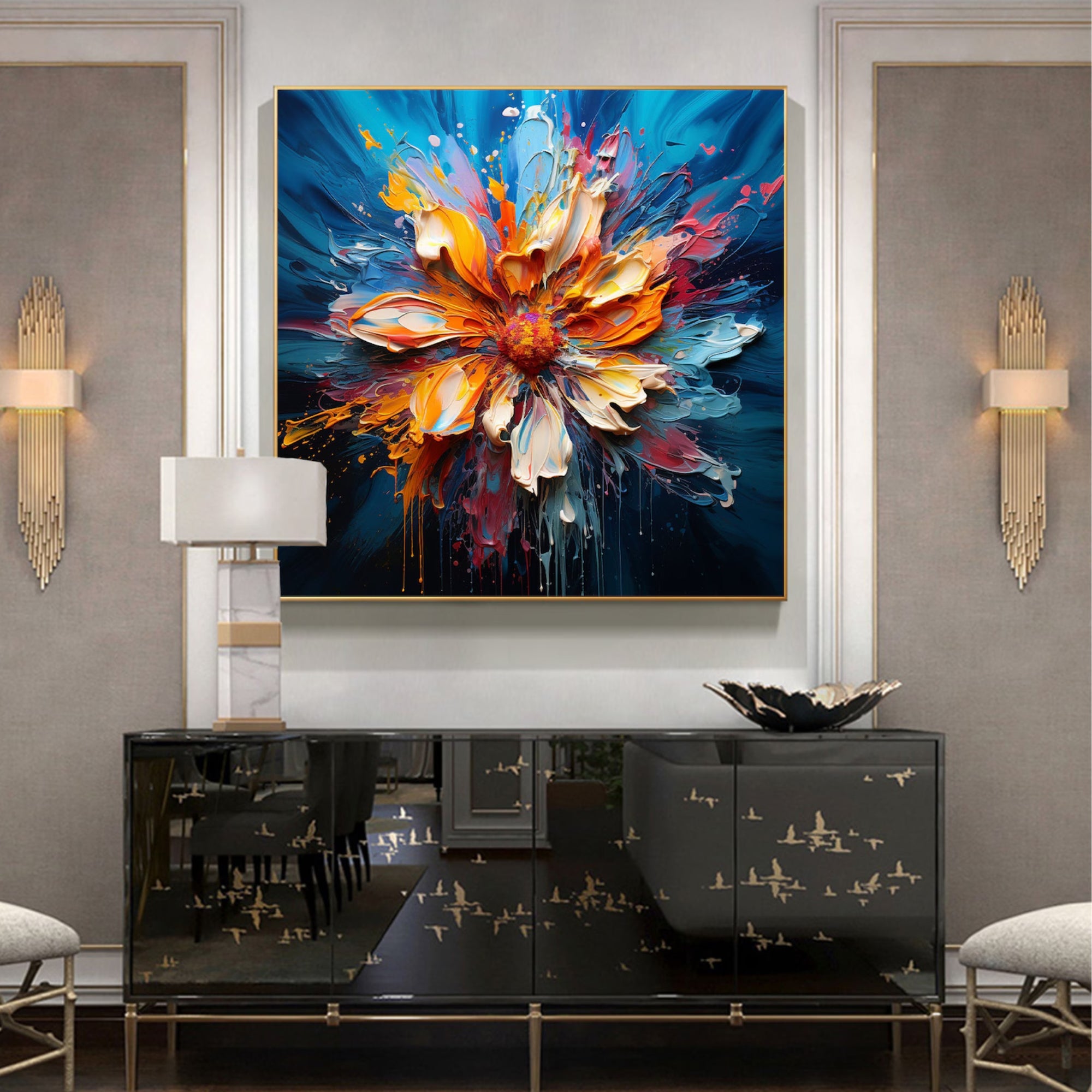 Bold floral explosion in vivid orange, red, and blue tones, displayed in a contemporary white-brick interior.