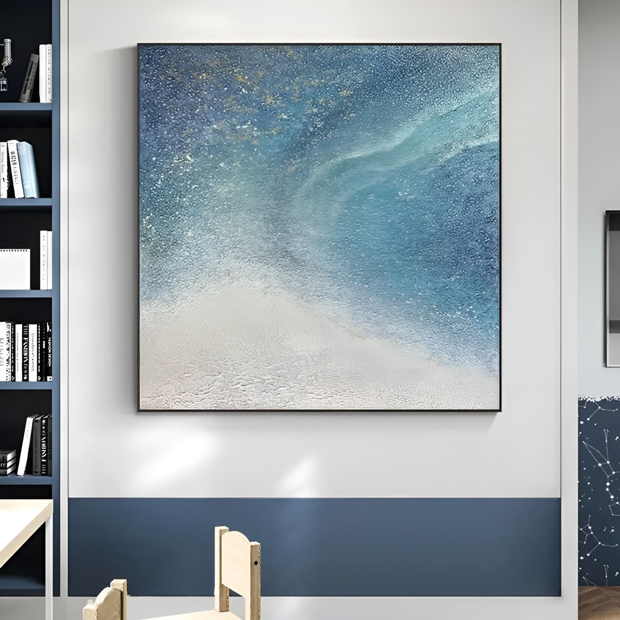 Starry sky-inspired oil artwork, adds mystery and depth to white brick or minimalist interior spaces