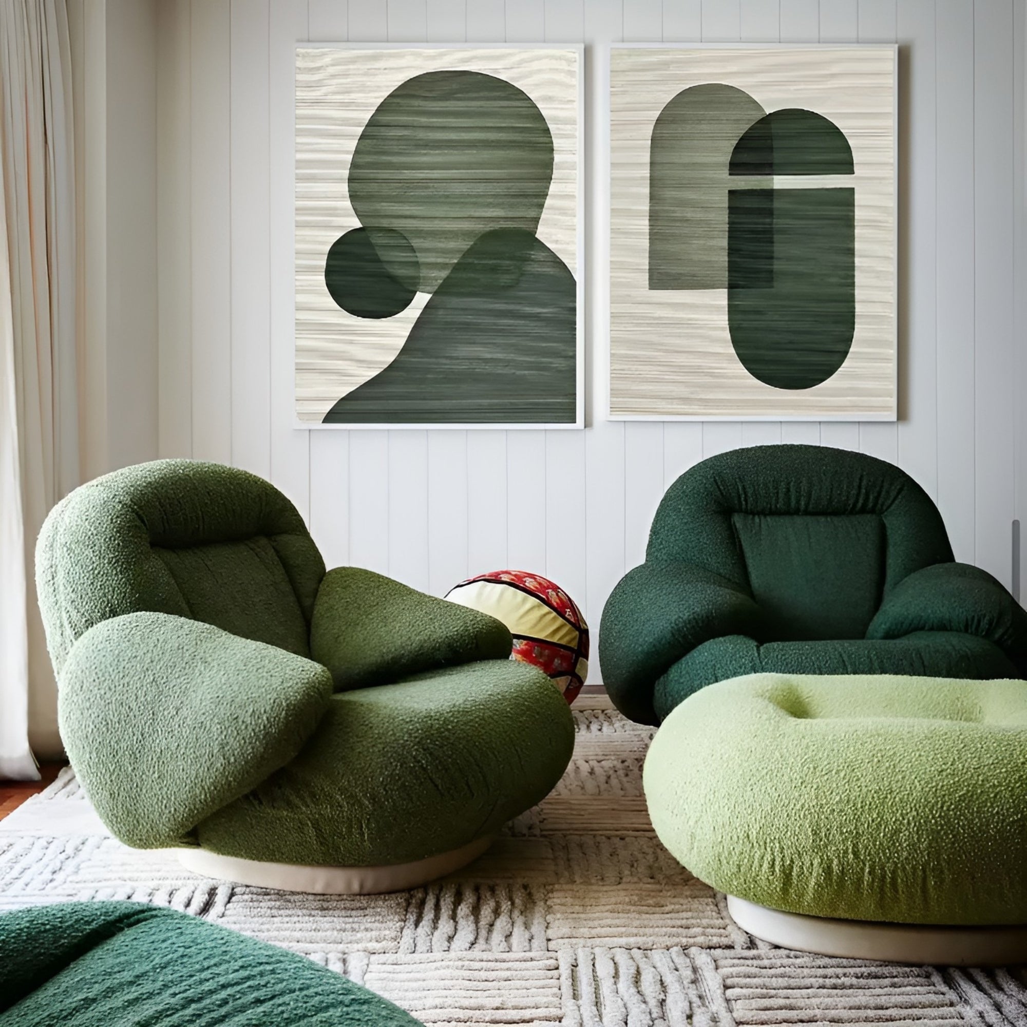 Minimalist green abstract art prints in modern living room – textured handmade oil paintings for contemporary home décor.