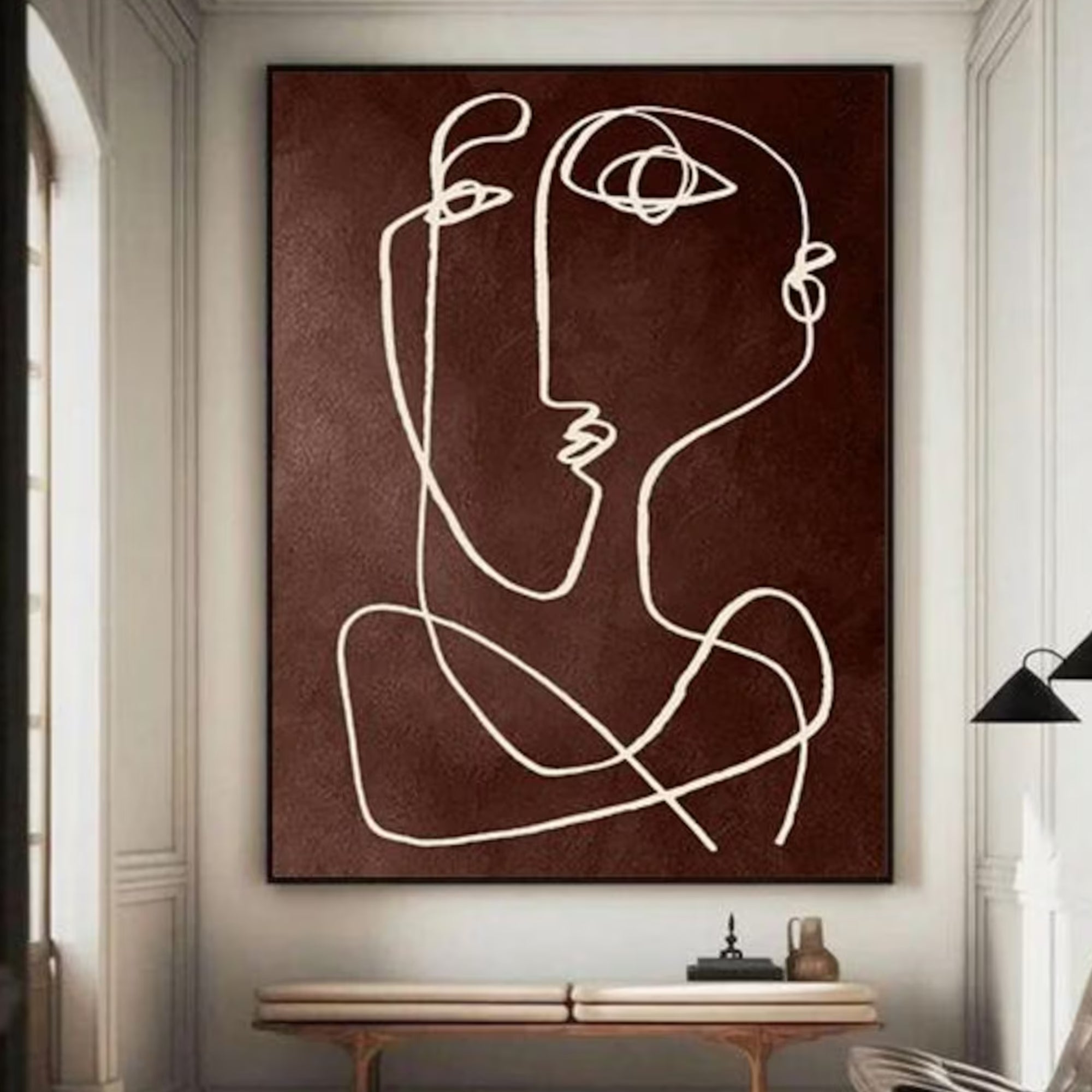Modern single-line face artwork on canvas, perfect for boho interiors or warm-toned creative spaces