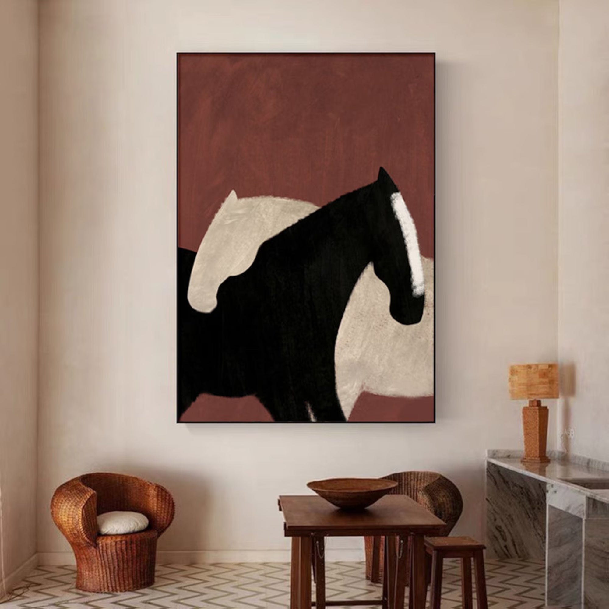 Abstract horse handmade oil painting in muted tones, ideal for contemporary home interiors or creative studios.