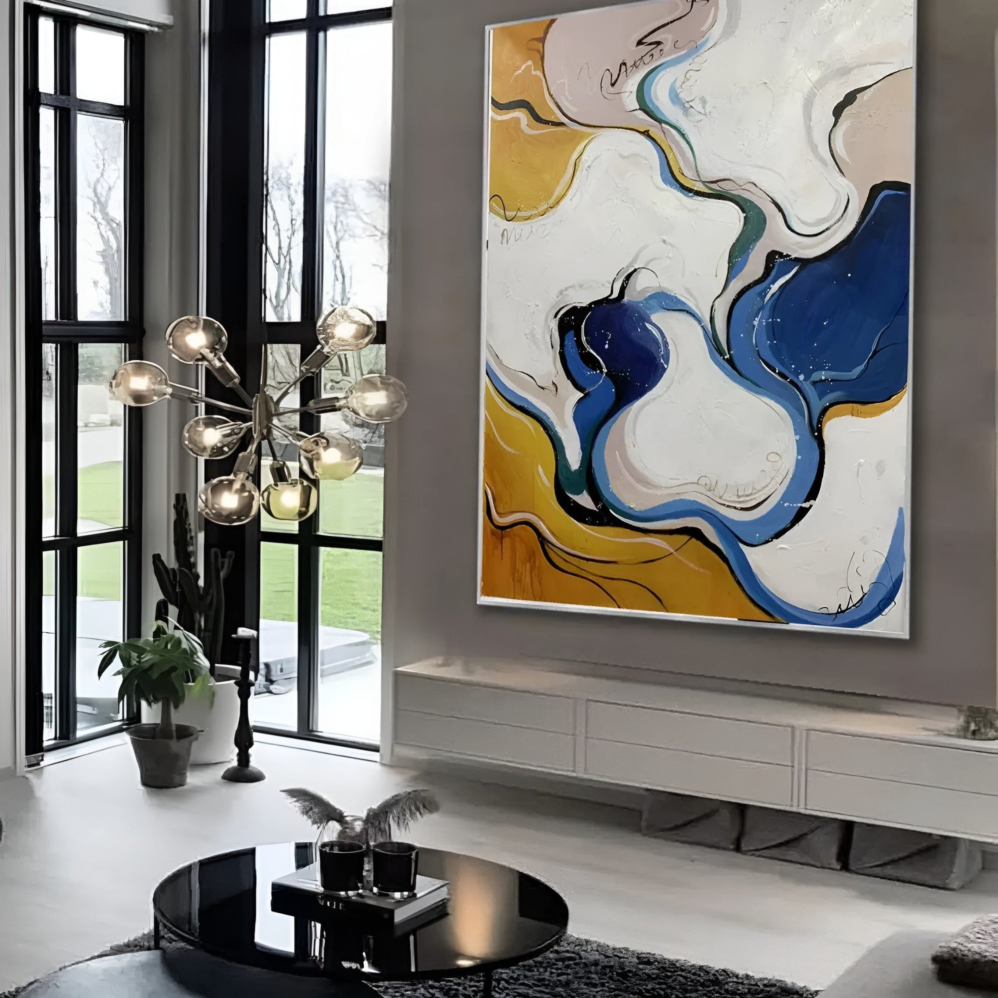 Bold abstract handmade oil painting featuring blue and gold swirls, perfect for stylish hotel lobbies or art-focused interiors.