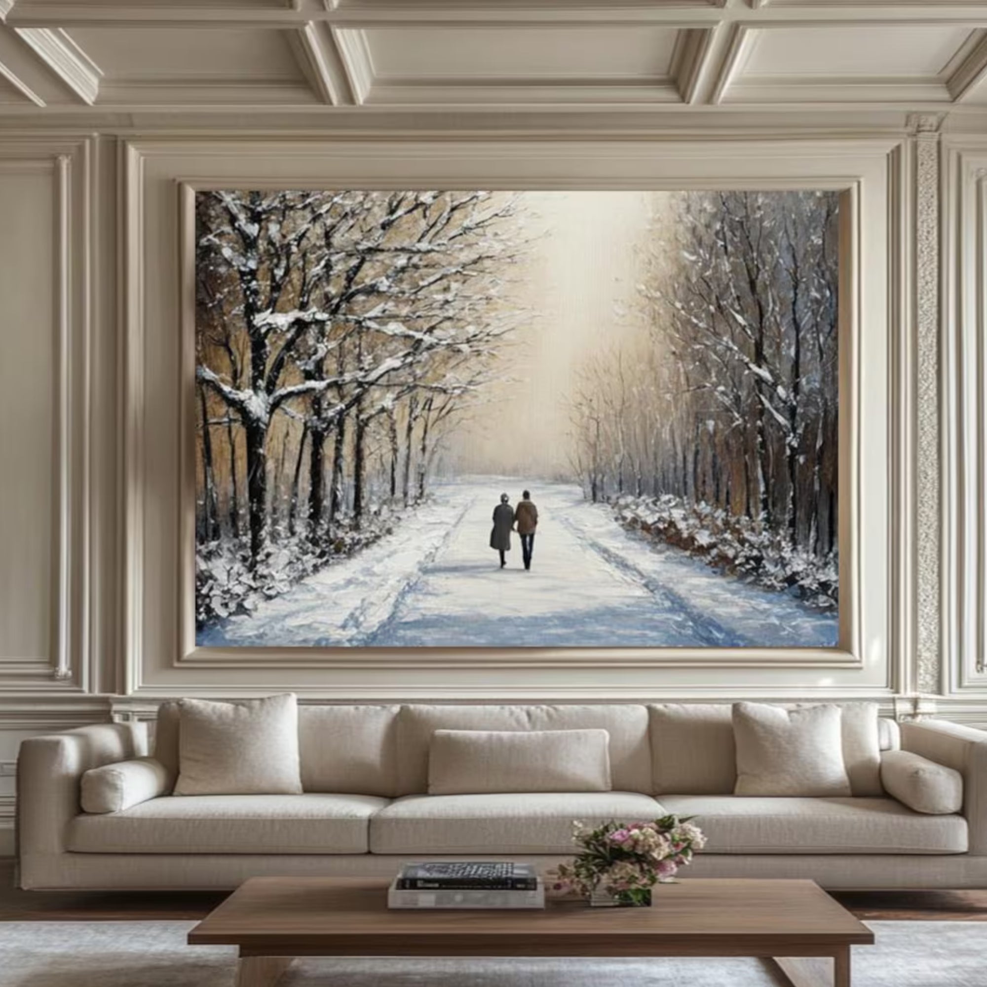 Cozy handmade oil painting of a snowy forest walk, ideal for serene living rooms or peaceful reading corners